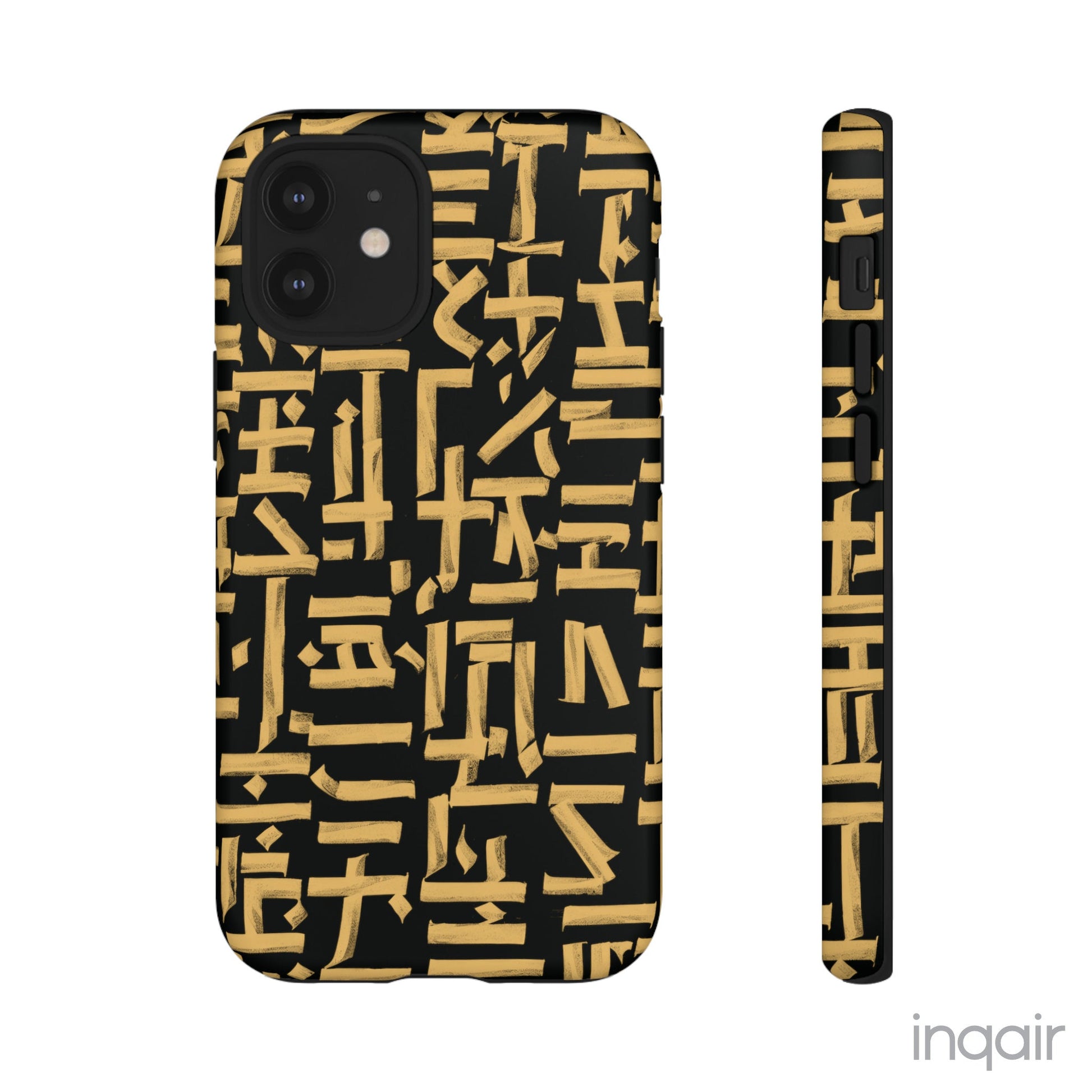 Black phone case with gold calligraphy design. Fits iPhone and Samsung models. Stylish and unique, offering both protection and a touch of luxury.