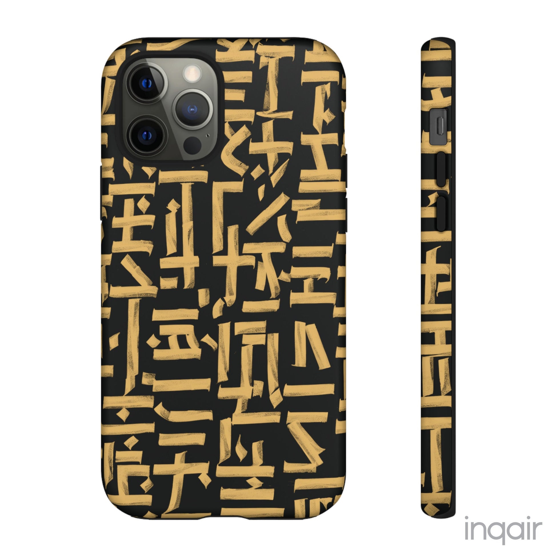 Black phone case with gold calligraphy design. Fits iPhone and Samsung models. Stylish and unique, offering both protection and a touch of luxury.