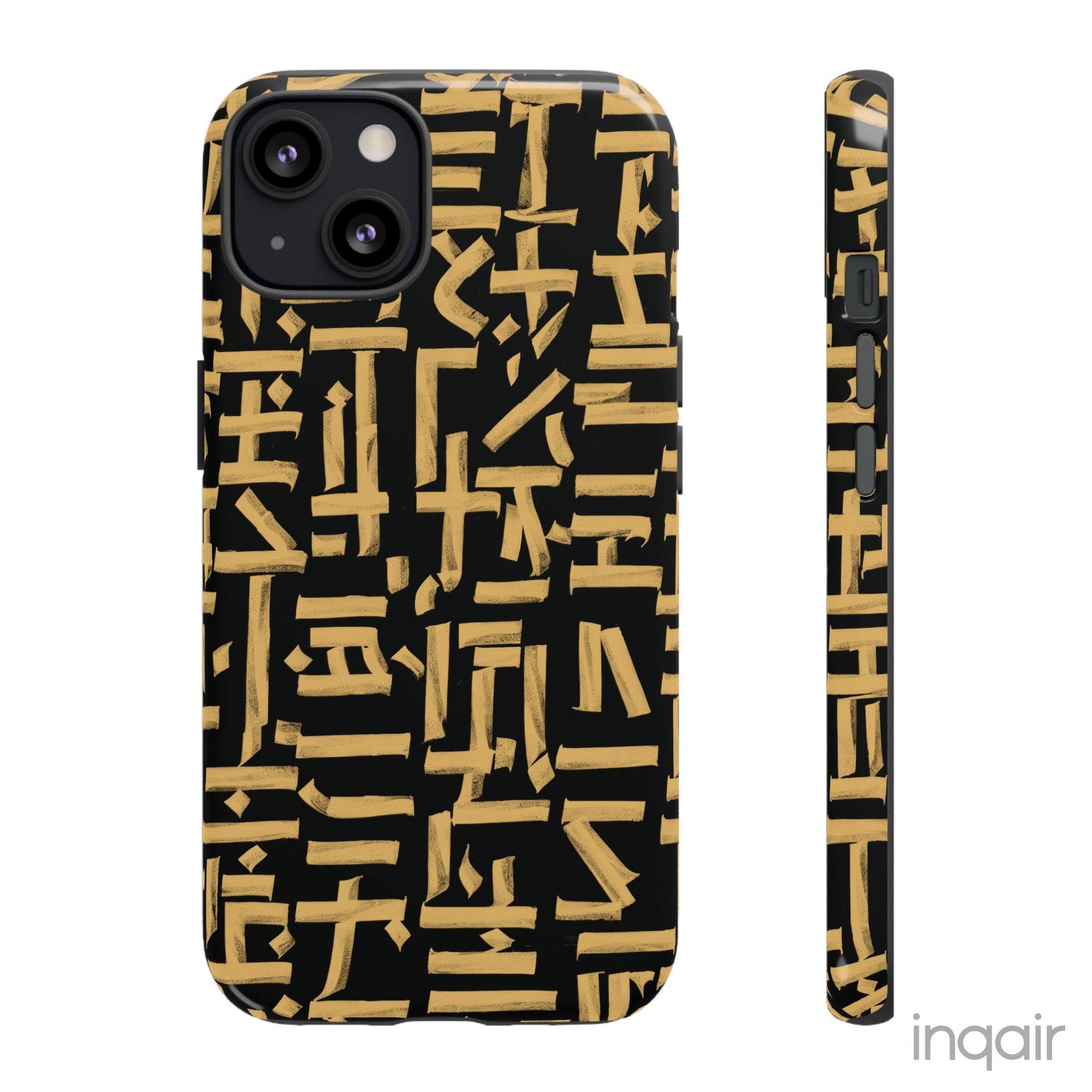 Black phone case with gold calligraphy design. Fits iPhone and Samsung models. Stylish and unique, offering both protection and a touch of luxury.