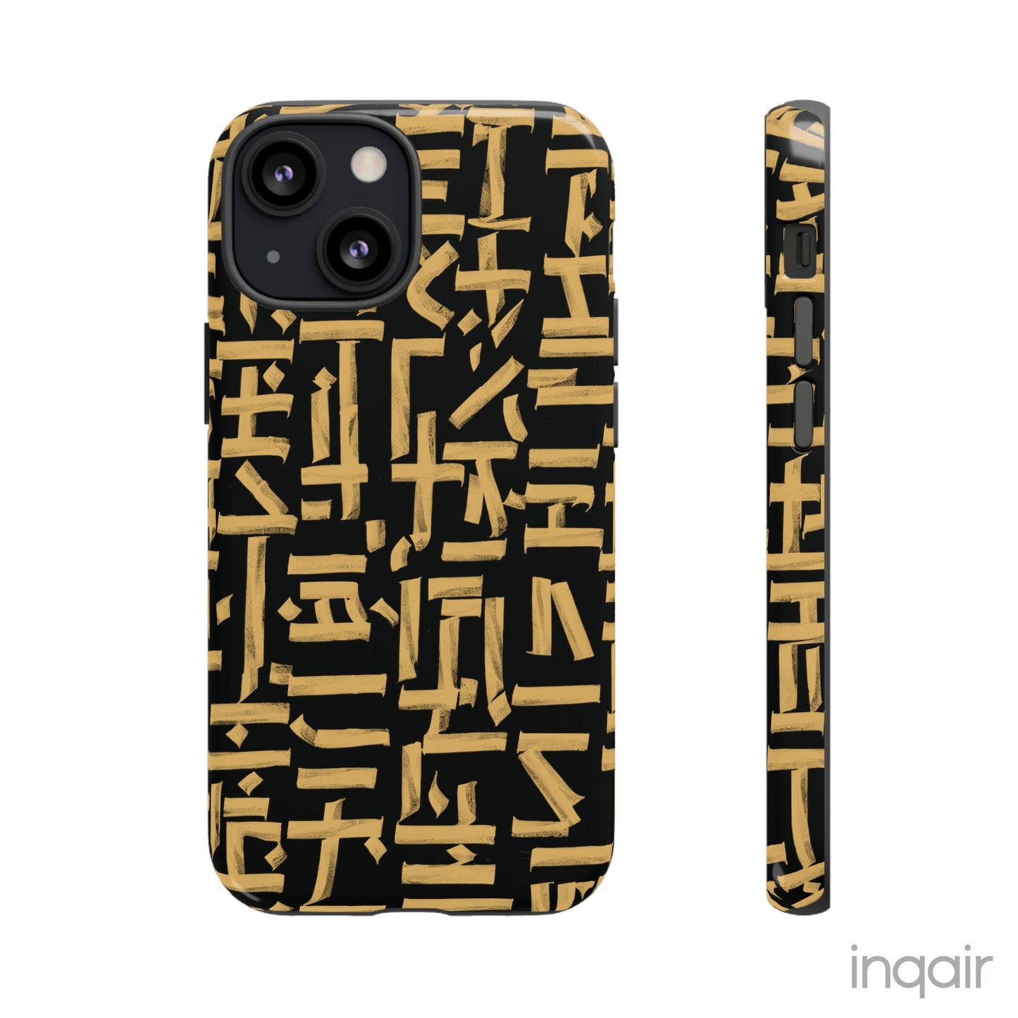 Black phone case with gold calligraphy design. Fits iPhone and Samsung models. Stylish and unique, offering both protection and a touch of luxury.