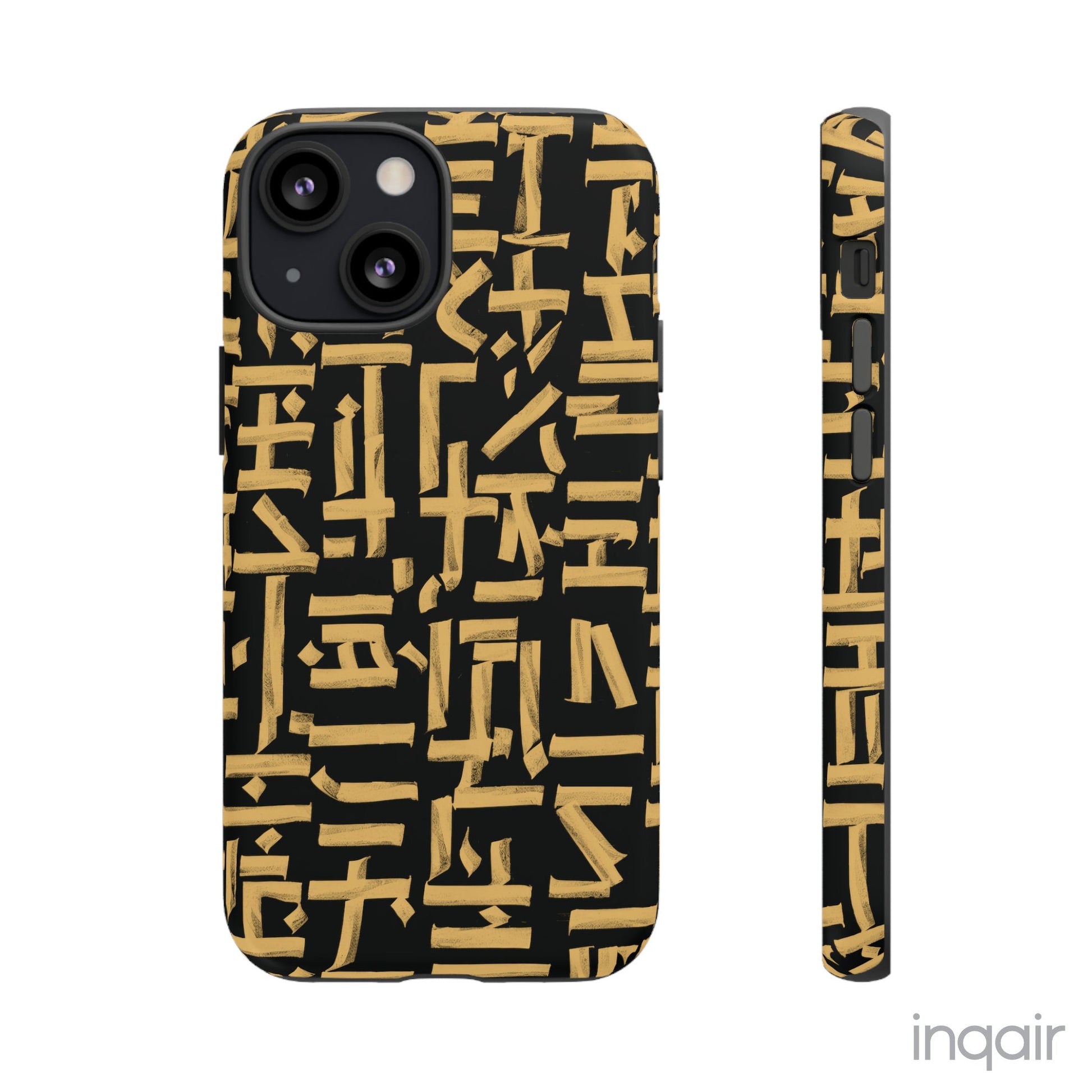 Black phone case with gold calligraphy design. Fits iPhone and Samsung models. Stylish and unique, offering both protection and a touch of luxury.