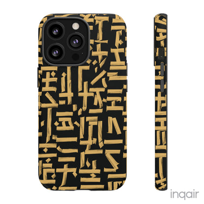 Black phone case with gold calligraphy design. Fits iPhone and Samsung models. Stylish and unique, offering both protection and a touch of luxury.