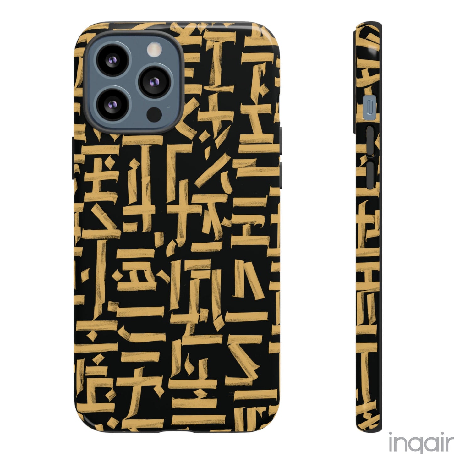 Black phone case with gold calligraphy design. Fits iPhone and Samsung models. Stylish and unique, offering both protection and a touch of luxury.