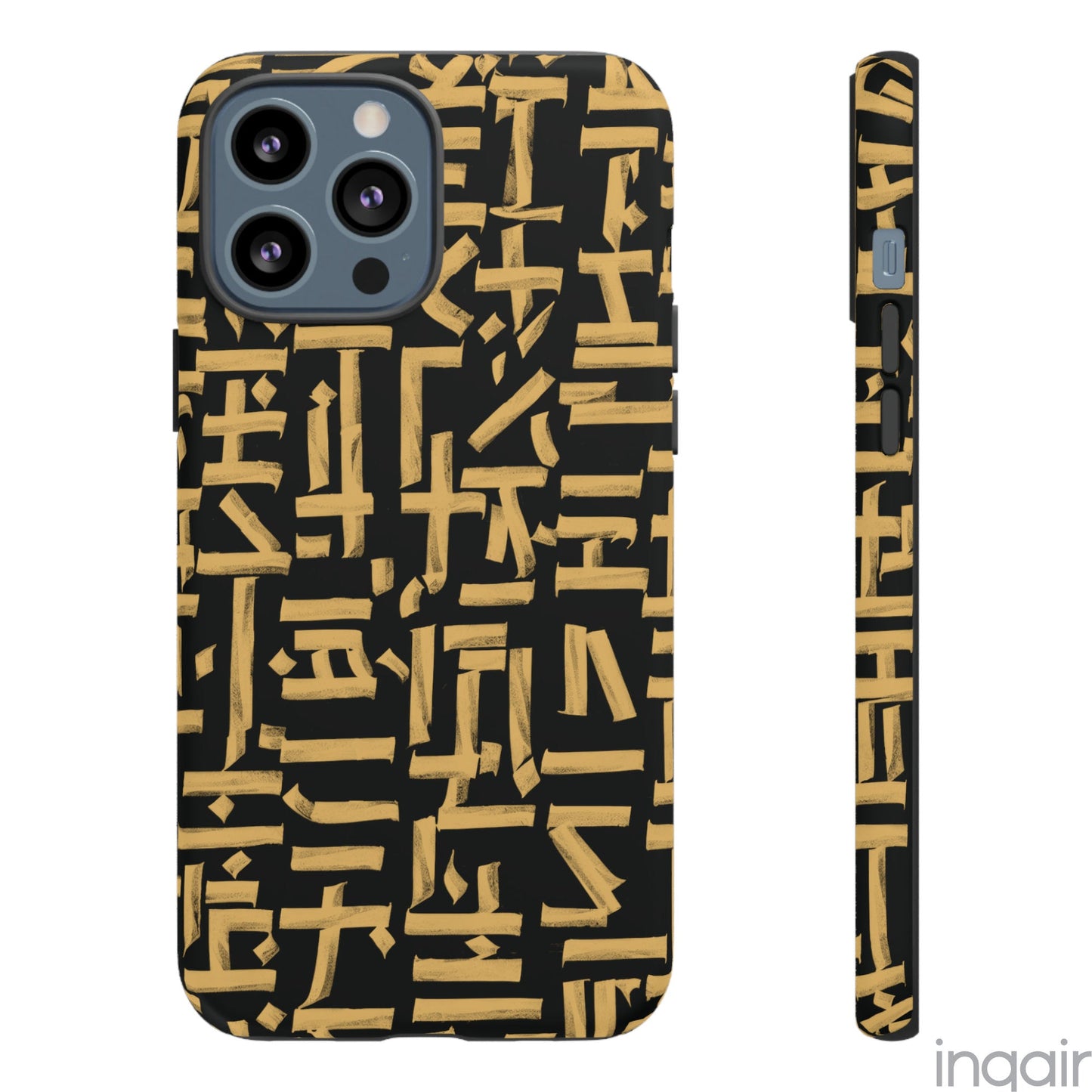 Black phone case with gold calligraphy design. Fits iPhone and Samsung models. Stylish and unique, offering both protection and a touch of luxury.