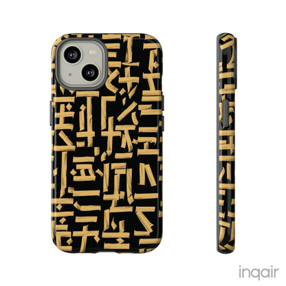 Black phone case with gold calligraphy design. Fits iPhone and Samsung models. Stylish and unique, offering both protection and a touch of luxury.