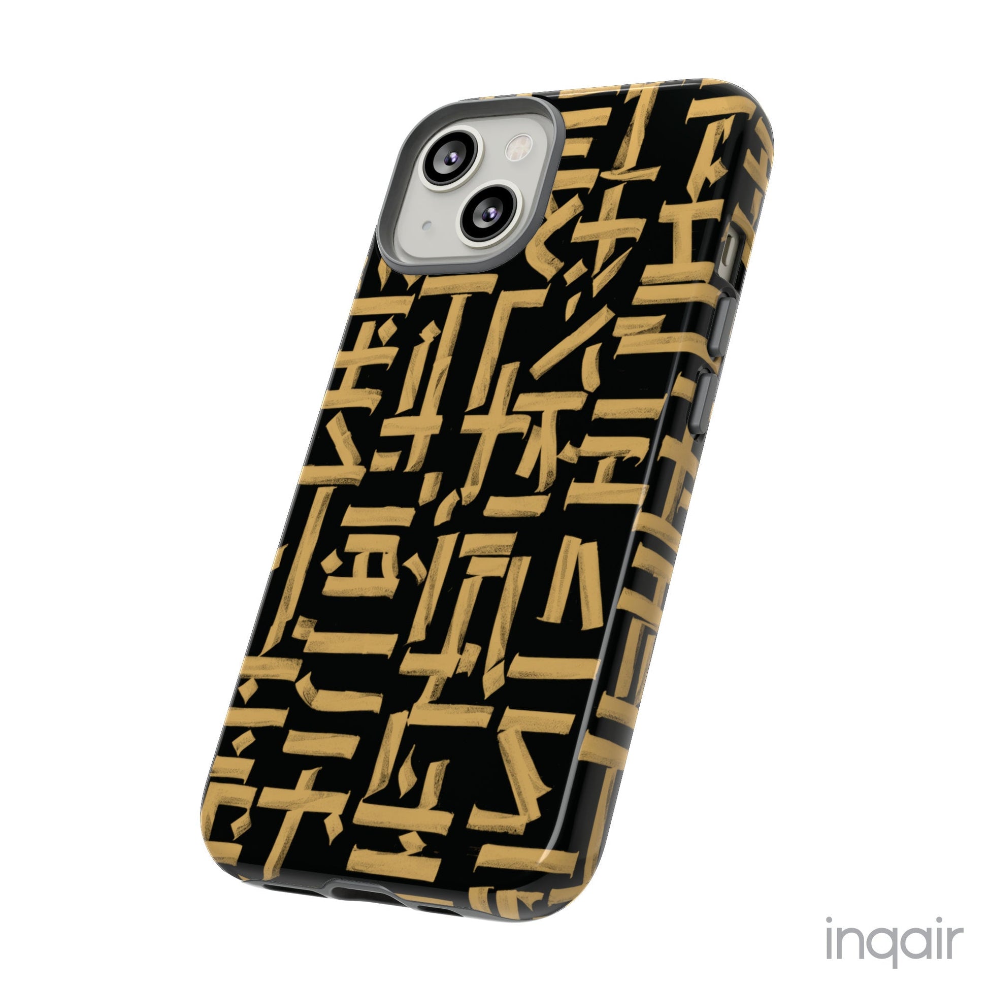 Black phone case with gold calligraphy design. Fits iPhone and Samsung models. Stylish and unique, offering both protection and a touch of luxury.