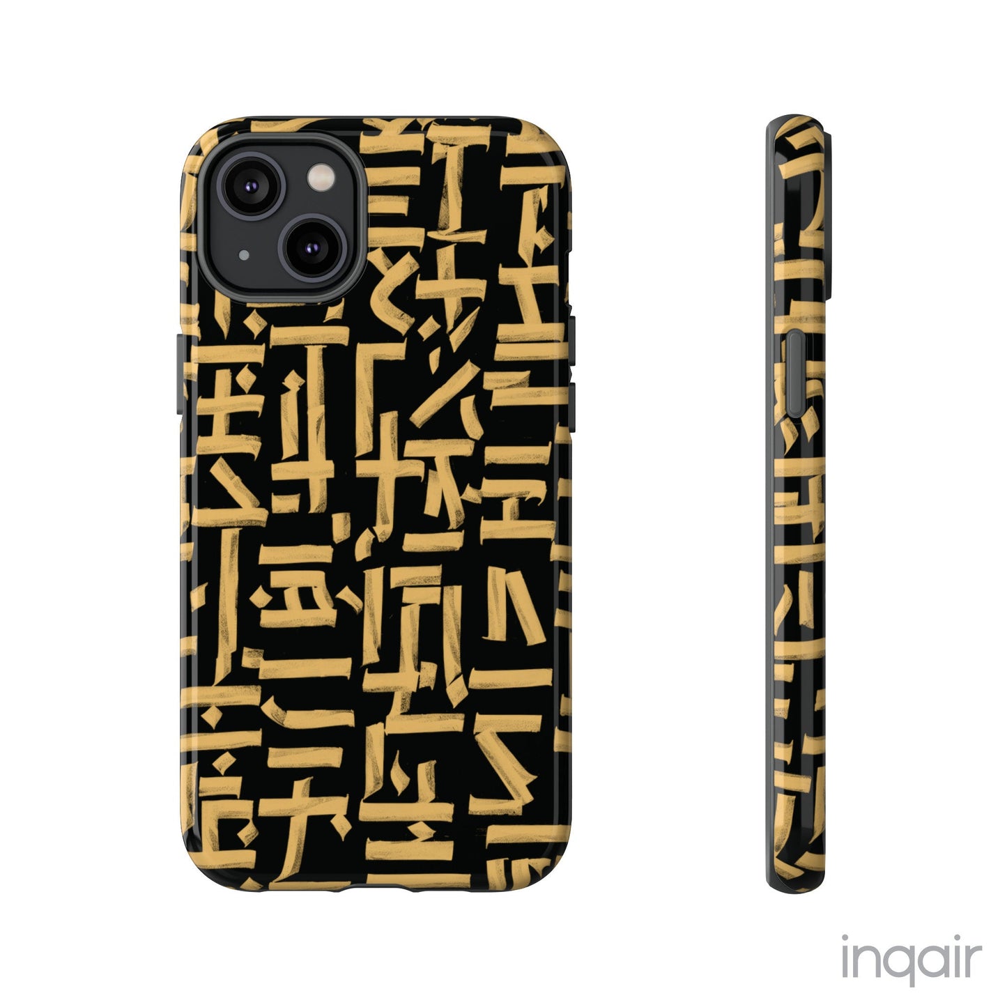 Black phone case with gold calligraphy design. Fits iPhone and Samsung models. Stylish and unique, offering both protection and a touch of luxury.