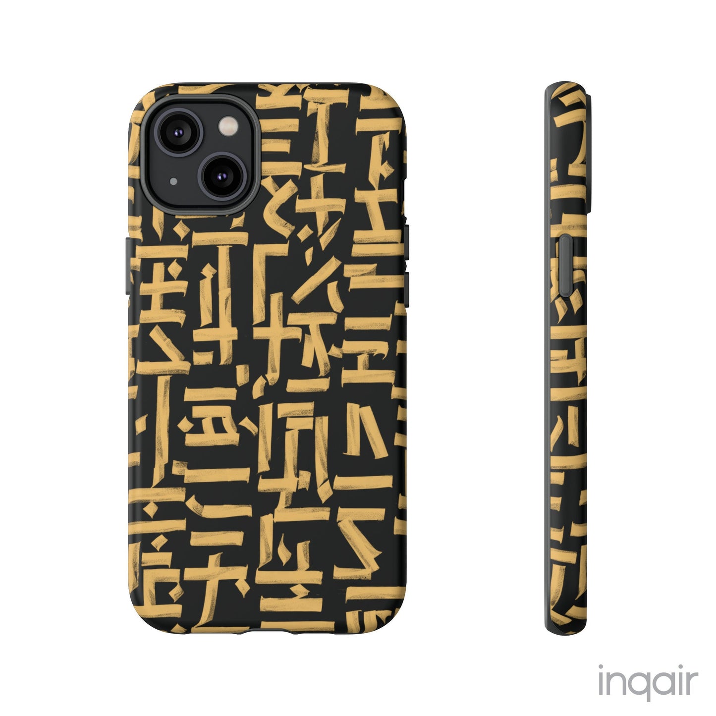 Black phone case with gold calligraphy design. Fits iPhone and Samsung models. Stylish and unique, offering both protection and a touch of luxury.