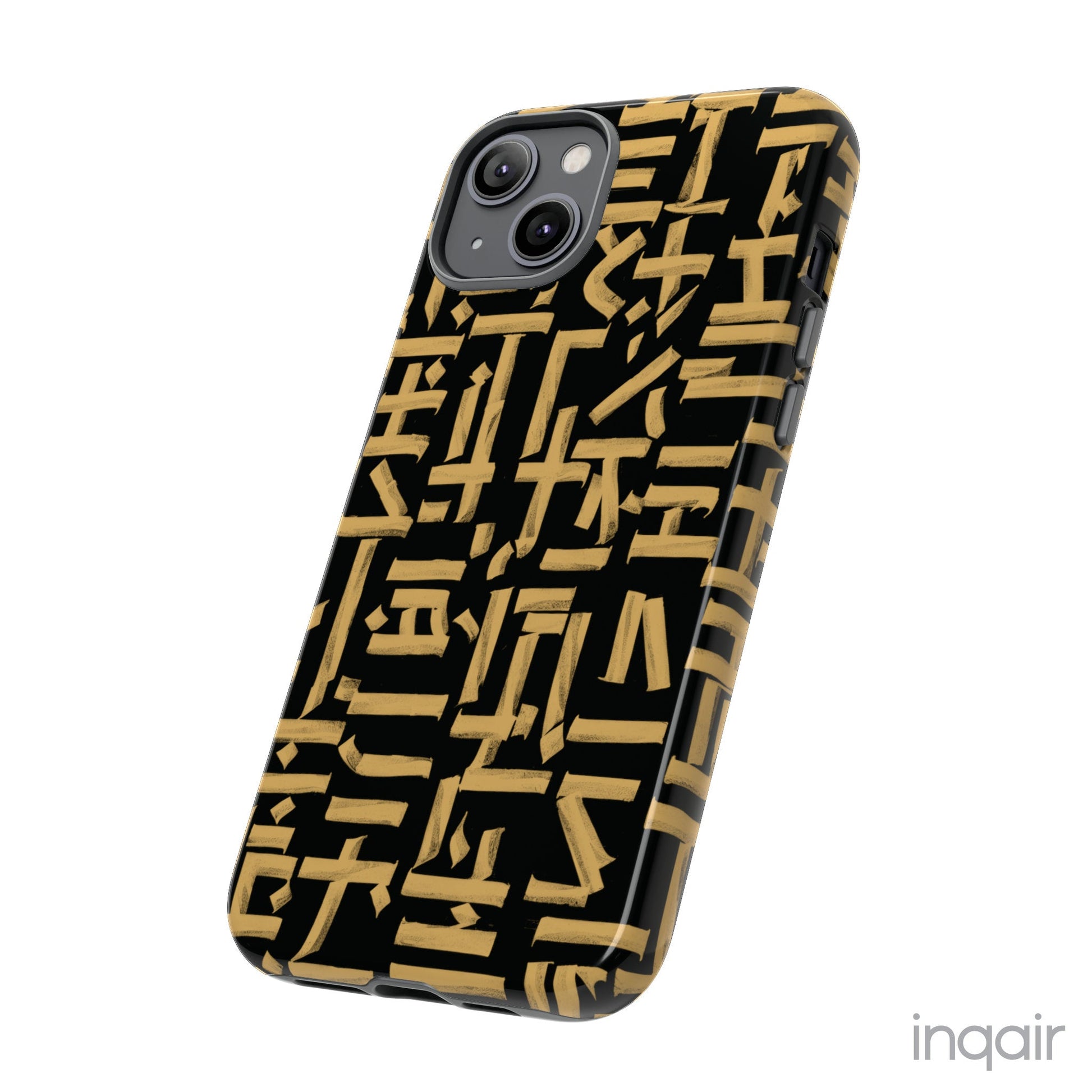 Black phone case with gold calligraphy design. Fits iPhone and Samsung models. Stylish and unique, offering both protection and a touch of luxury.