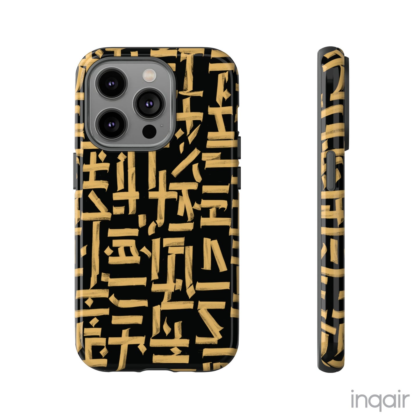 Black phone case with gold calligraphy design. Fits iPhone and Samsung models. Stylish and unique, offering both protection and a touch of luxury.