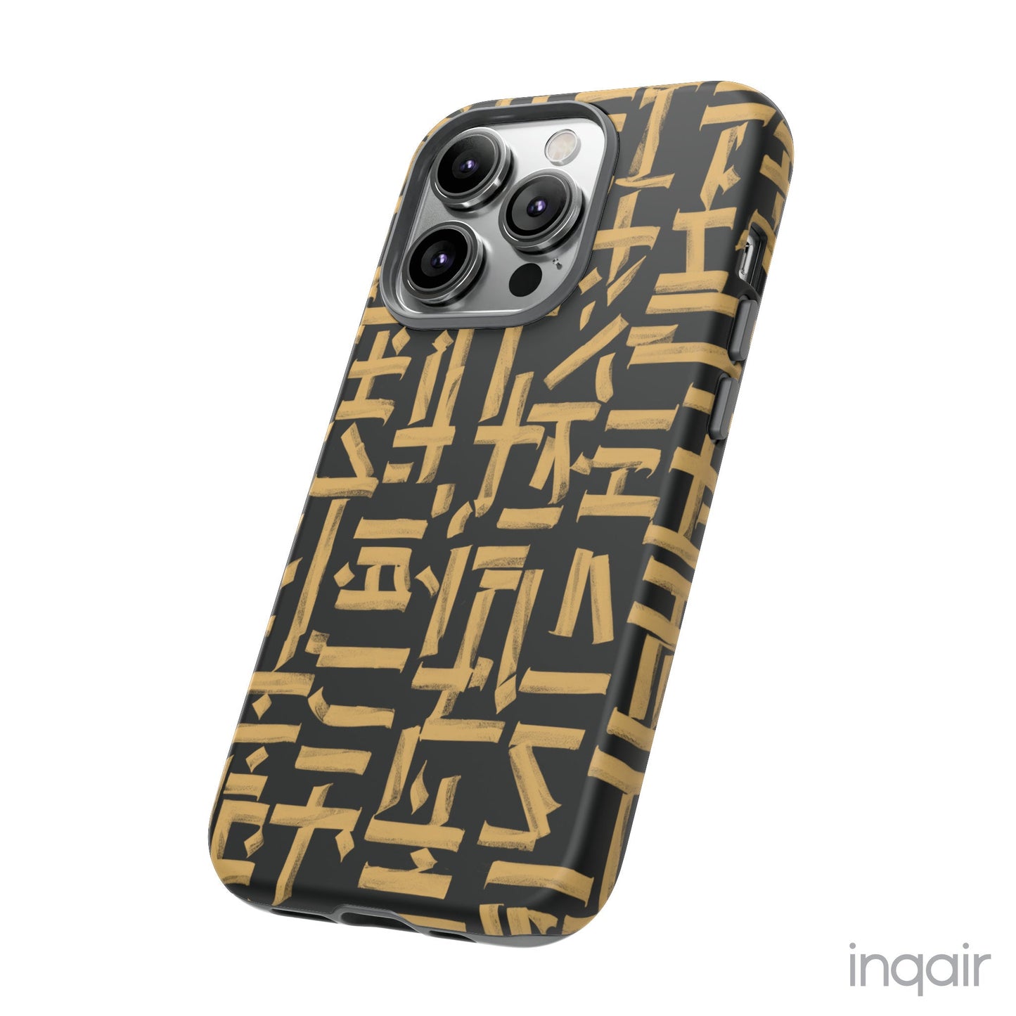 Black phone case with gold calligraphy design. Fits iPhone and Samsung models. Stylish and unique, offering both protection and a touch of luxury.