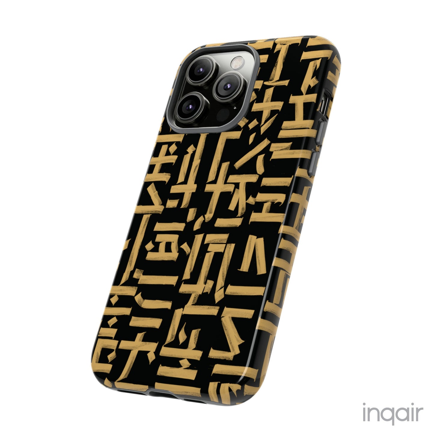 Black phone case with gold calligraphy design. Fits iPhone and Samsung models. Stylish and unique, offering both protection and a touch of luxury.