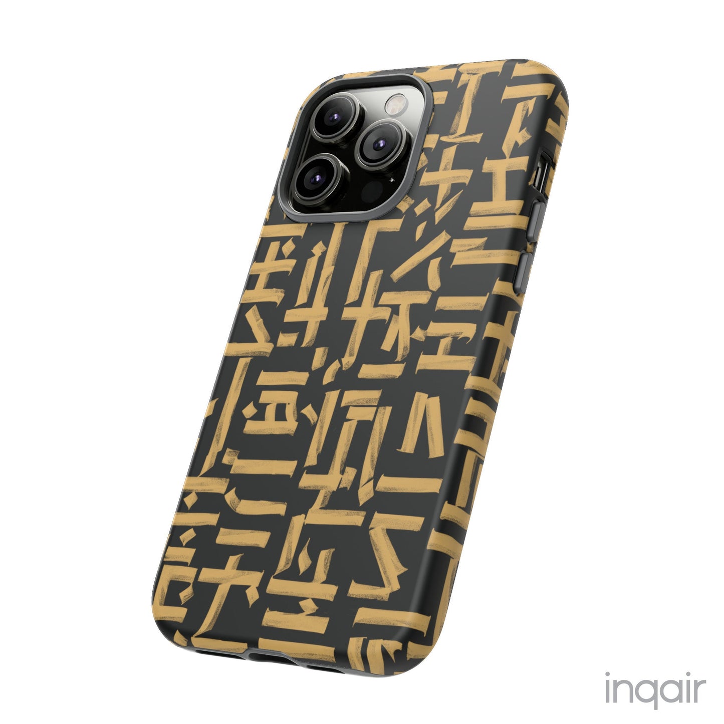 Black phone case with gold calligraphy design. Fits iPhone and Samsung models. Stylish and unique, offering both protection and a touch of luxury.