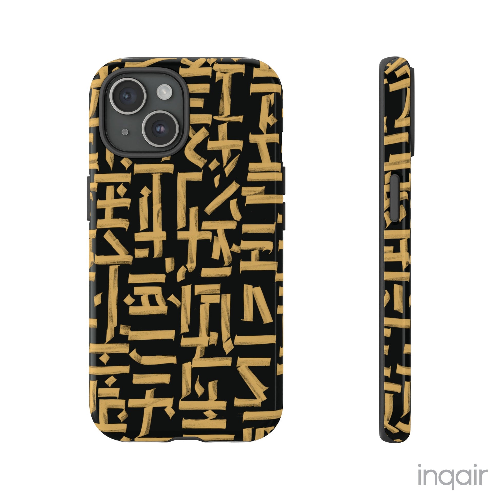 Black phone case with gold calligraphy design. Fits iPhone and Samsung models. Stylish and unique, offering both protection and a touch of luxury.