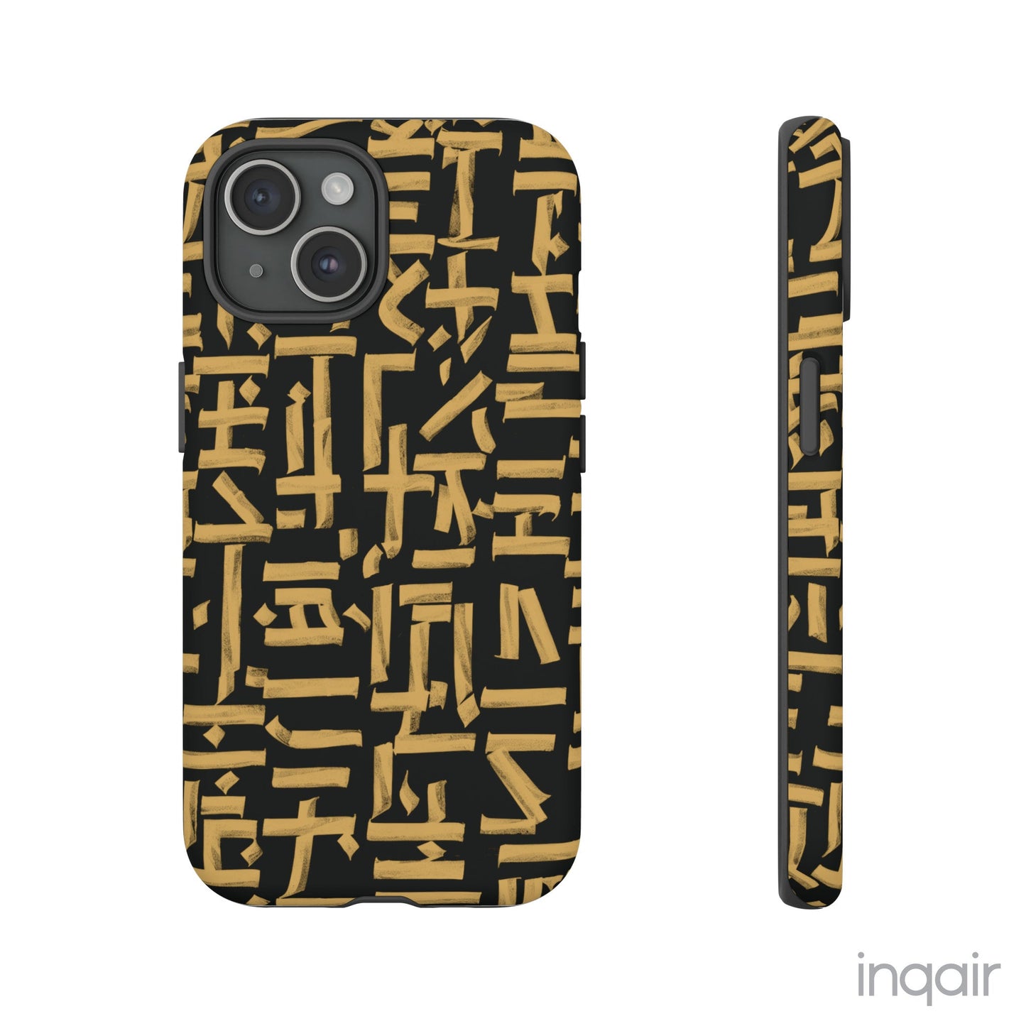 Black phone case with gold calligraphy design. Fits iPhone and Samsung models. Stylish and unique, offering both protection and a touch of luxury.