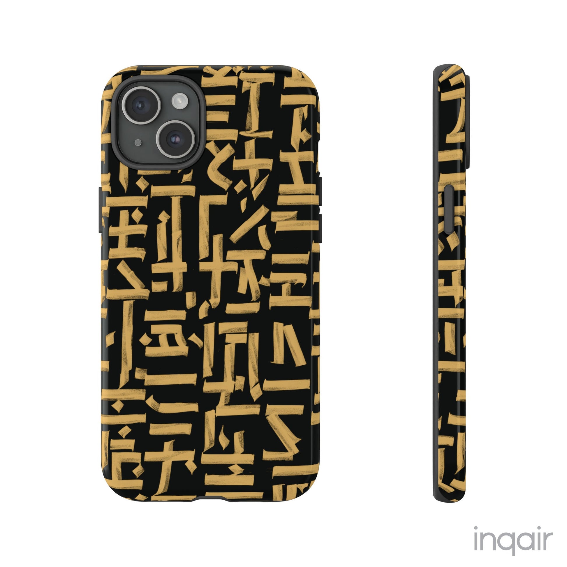 Black phone case with gold calligraphy design. Fits iPhone and Samsung models. Stylish and unique, offering both protection and a touch of luxury.