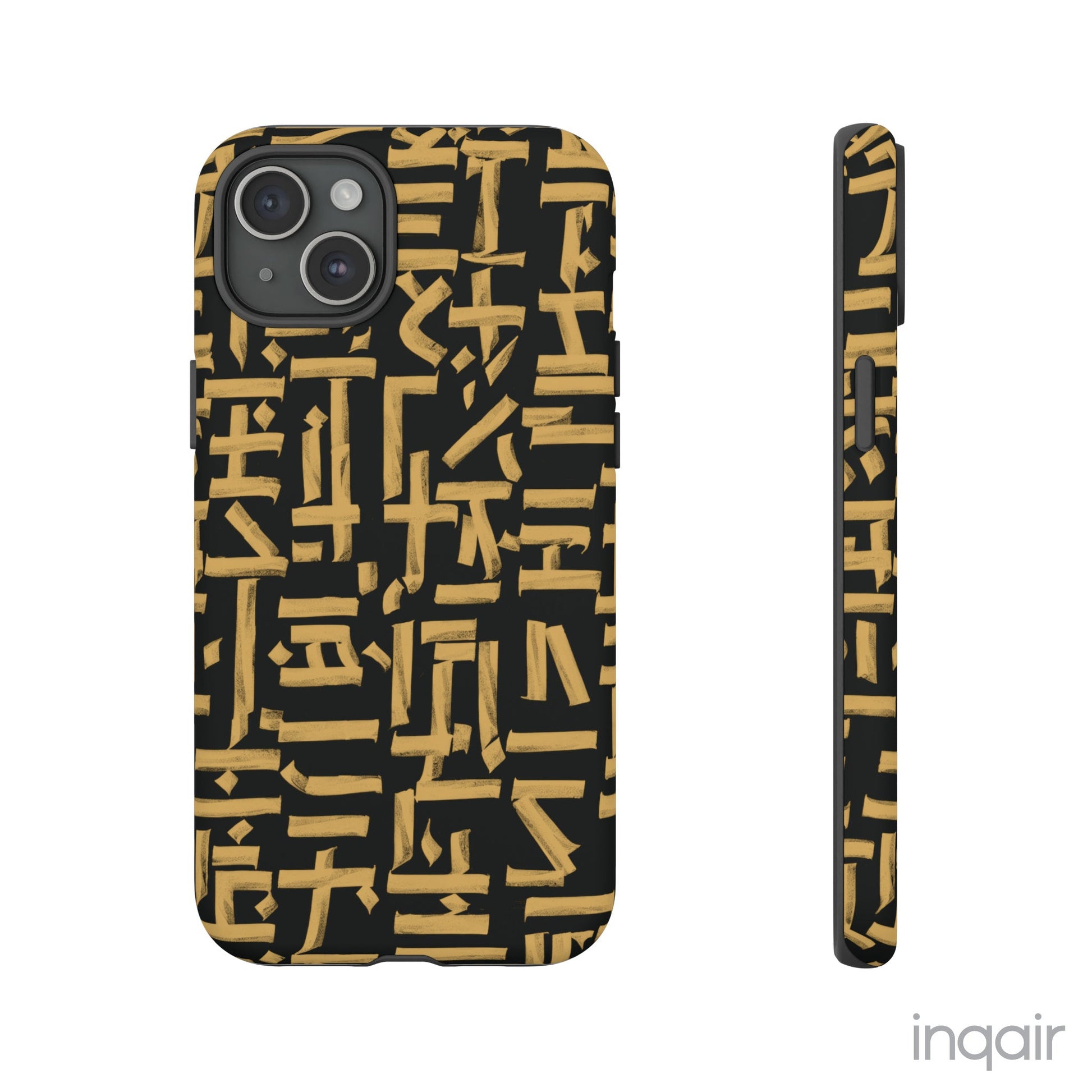 Black phone case with gold calligraphy design. Fits iPhone and Samsung models. Stylish and unique, offering both protection and a touch of luxury.