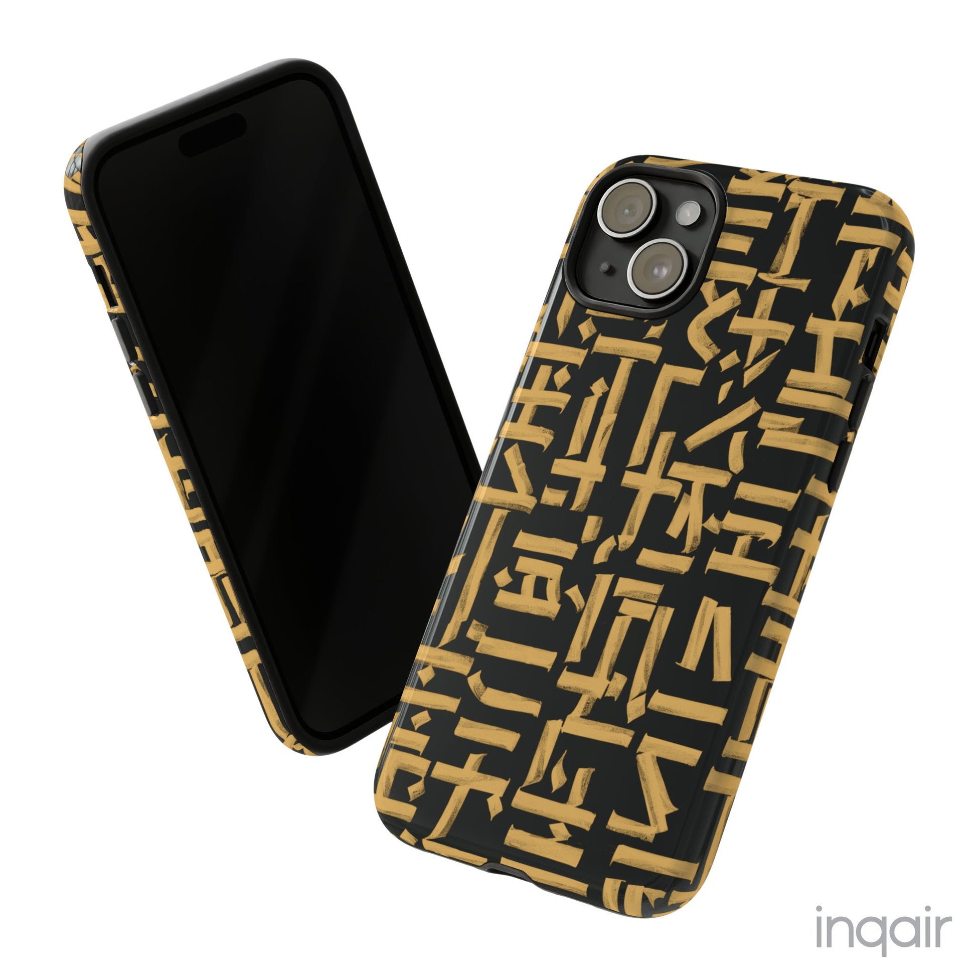 Black phone case with gold calligraphy design. Fits iPhone and Samsung models. Stylish and unique, offering both protection and a touch of luxury.