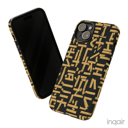 Black phone case with gold calligraphy design. Fits iPhone and Samsung models. Stylish and unique, offering both protection and a touch of luxury.