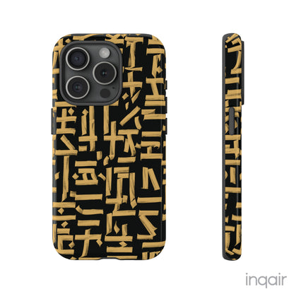 Black phone case with gold calligraphy design. Fits iPhone and Samsung models. Stylish and unique, offering both protection and a touch of luxury.