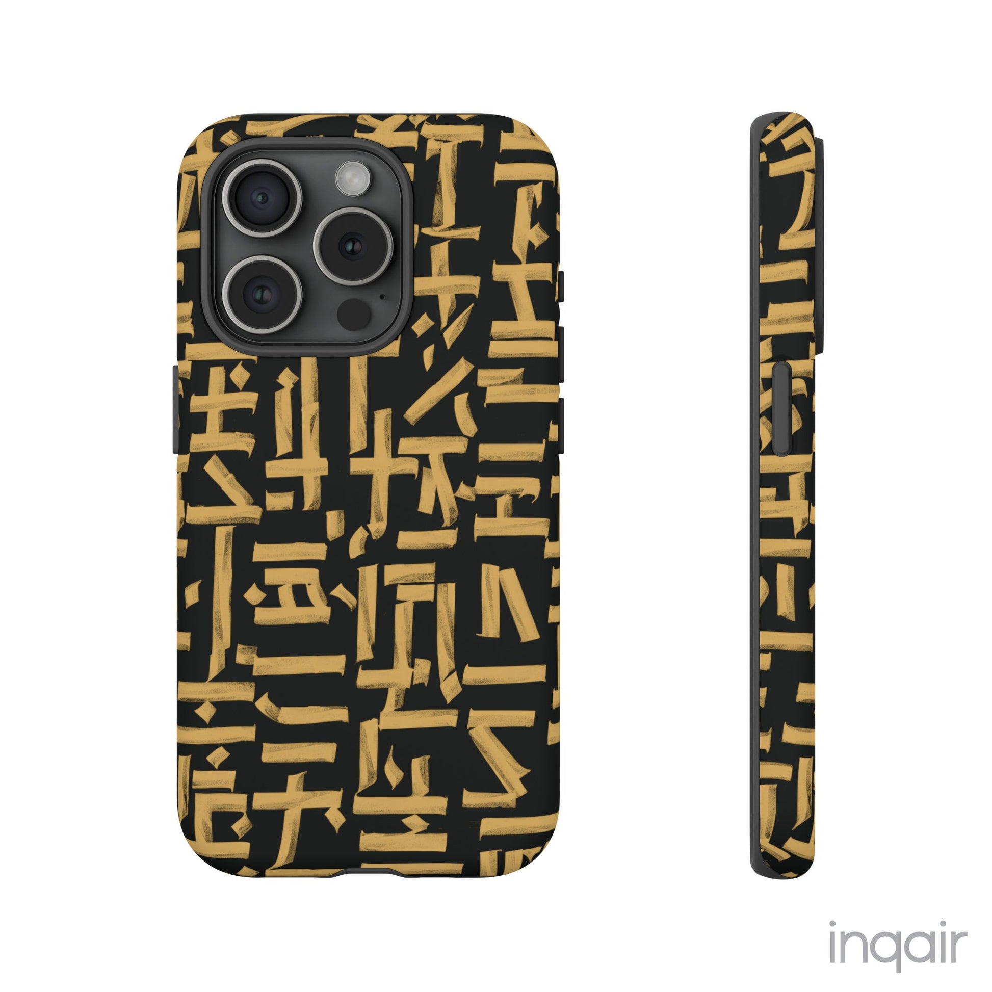 Black phone case with gold calligraphy design. Fits iPhone and Samsung models. Stylish and unique, offering both protection and a touch of luxury.