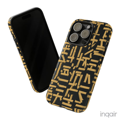 Black phone case with gold calligraphy design. Fits iPhone and Samsung models. Stylish and unique, offering both protection and a touch of luxury.