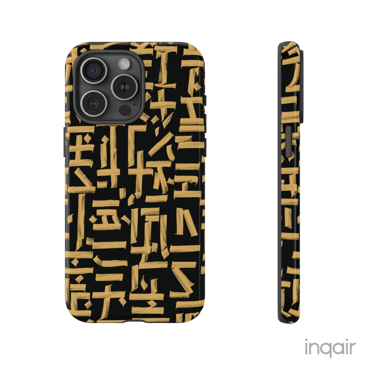 Black phone case with gold calligraphy design. Fits iPhone and Samsung models. Stylish and unique, offering both protection and a touch of luxury.