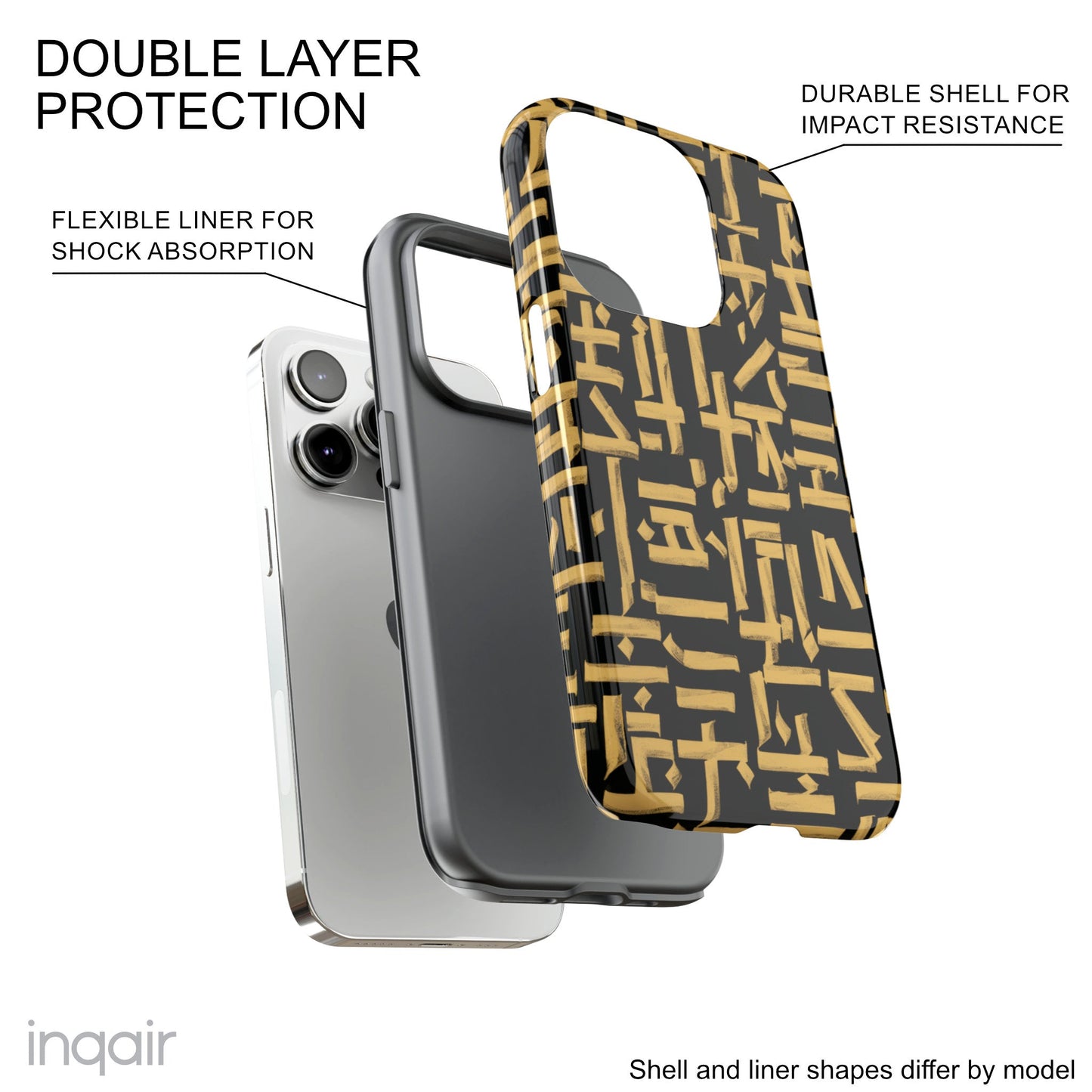 Black phone case with gold calligraphy design. Fits iPhone and Samsung models. Stylish and unique, offering both protection and a touch of luxury.