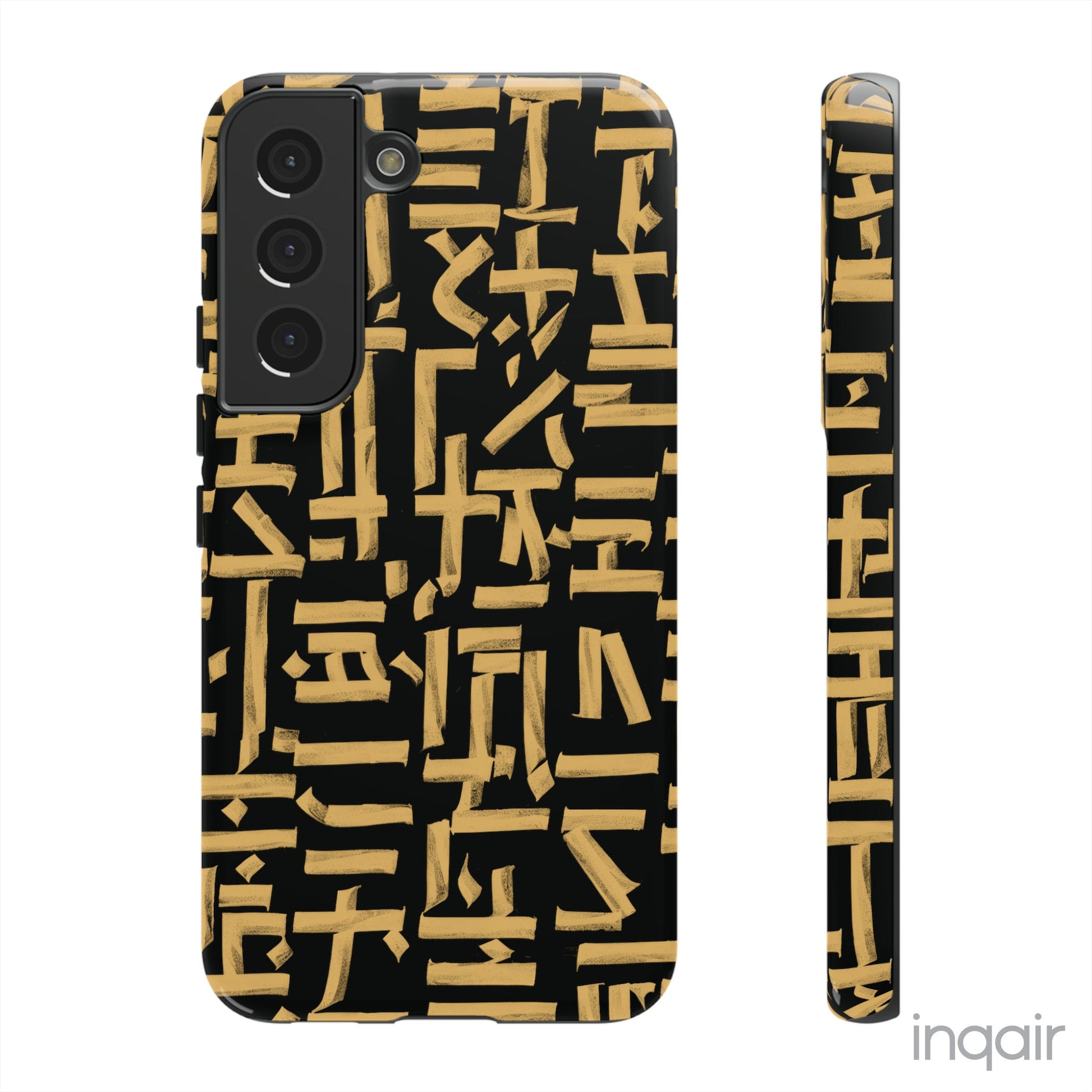 Black phone case with gold calligraphy design. Fits iPhone and Samsung models. Stylish and unique, offering both protection and a touch of luxury.