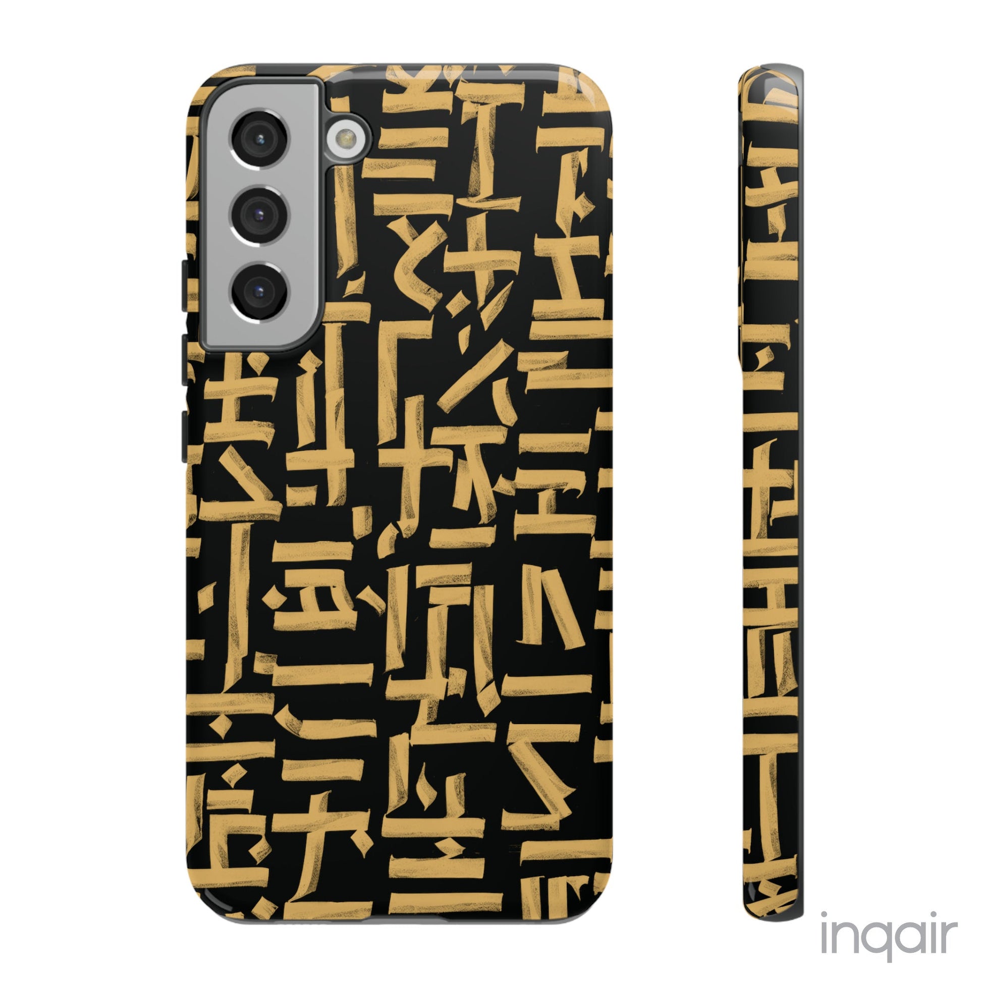 Black phone case with gold calligraphy design. Fits iPhone and Samsung models. Stylish and unique, offering both protection and a touch of luxury.