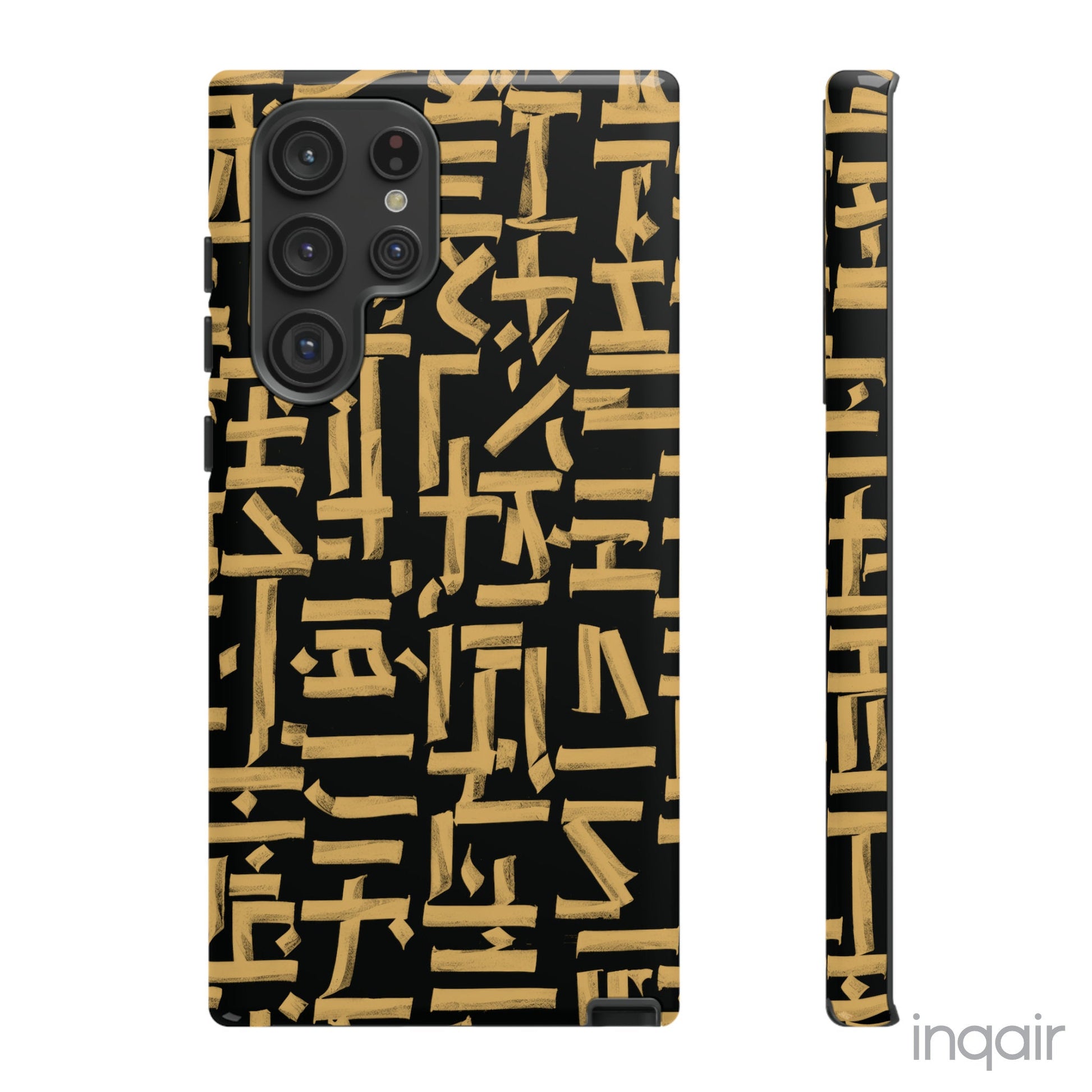 Black phone case with gold calligraphy design. Fits iPhone and Samsung models. Stylish and unique, offering both protection and a touch of luxury.