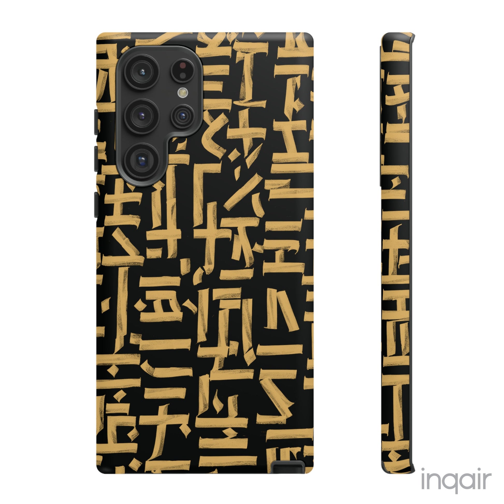 Black phone case with gold calligraphy design. Fits iPhone and Samsung models. Stylish and unique, offering both protection and a touch of luxury.