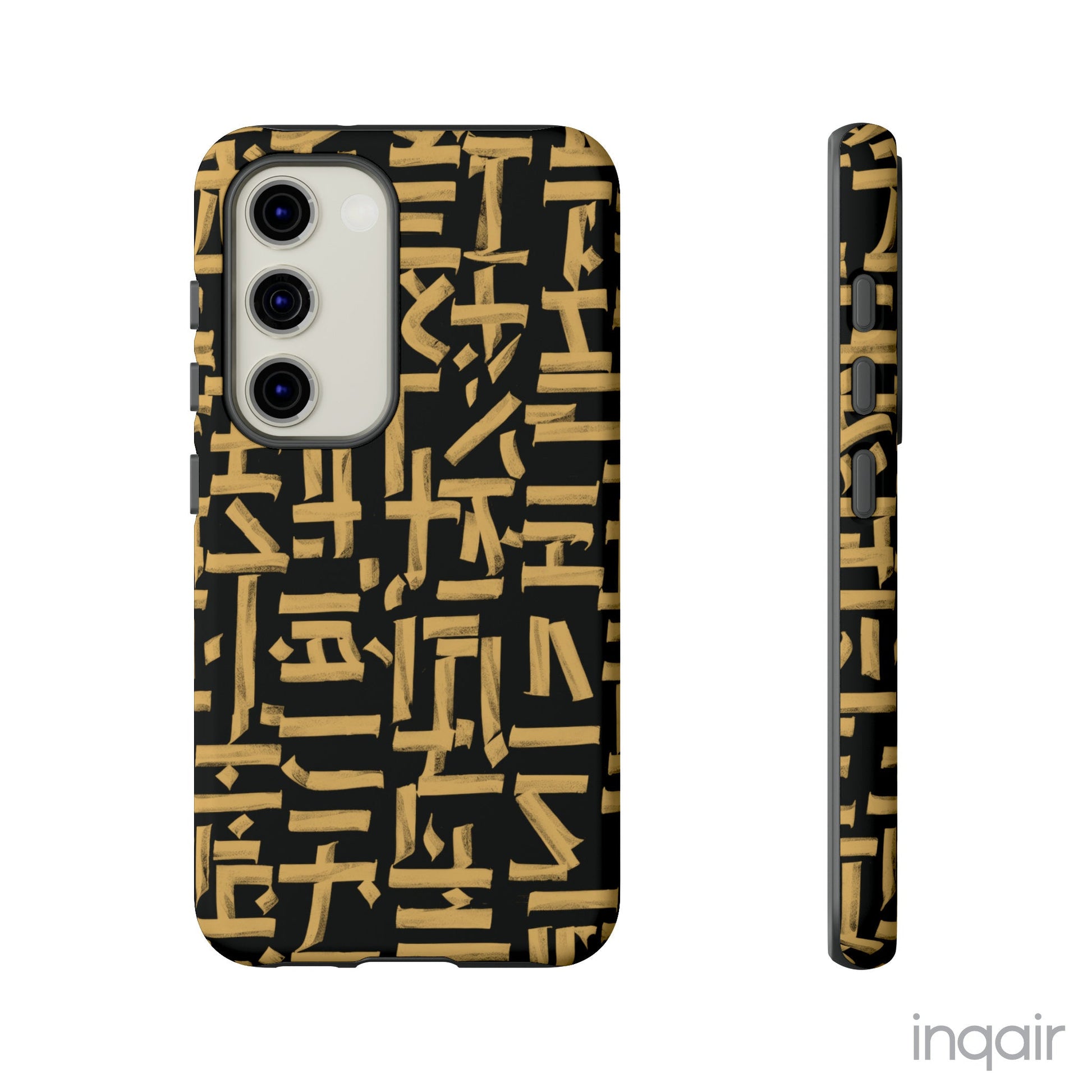 Black phone case with gold calligraphy design. Fits iPhone and Samsung models. Stylish and unique, offering both protection and a touch of luxury.