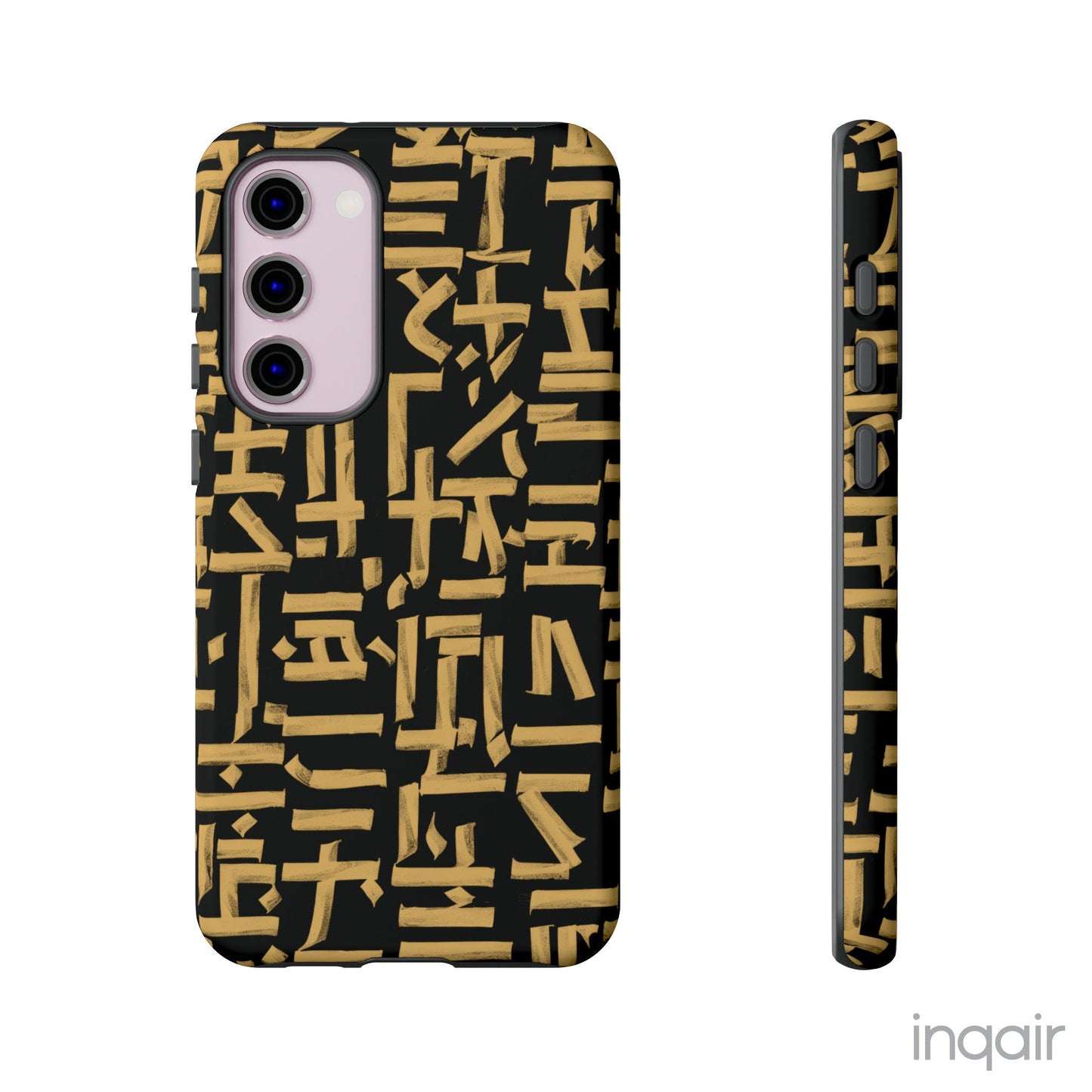 Black phone case with gold calligraphy design. Fits iPhone and Samsung models. Stylish and unique, offering both protection and a touch of luxury.