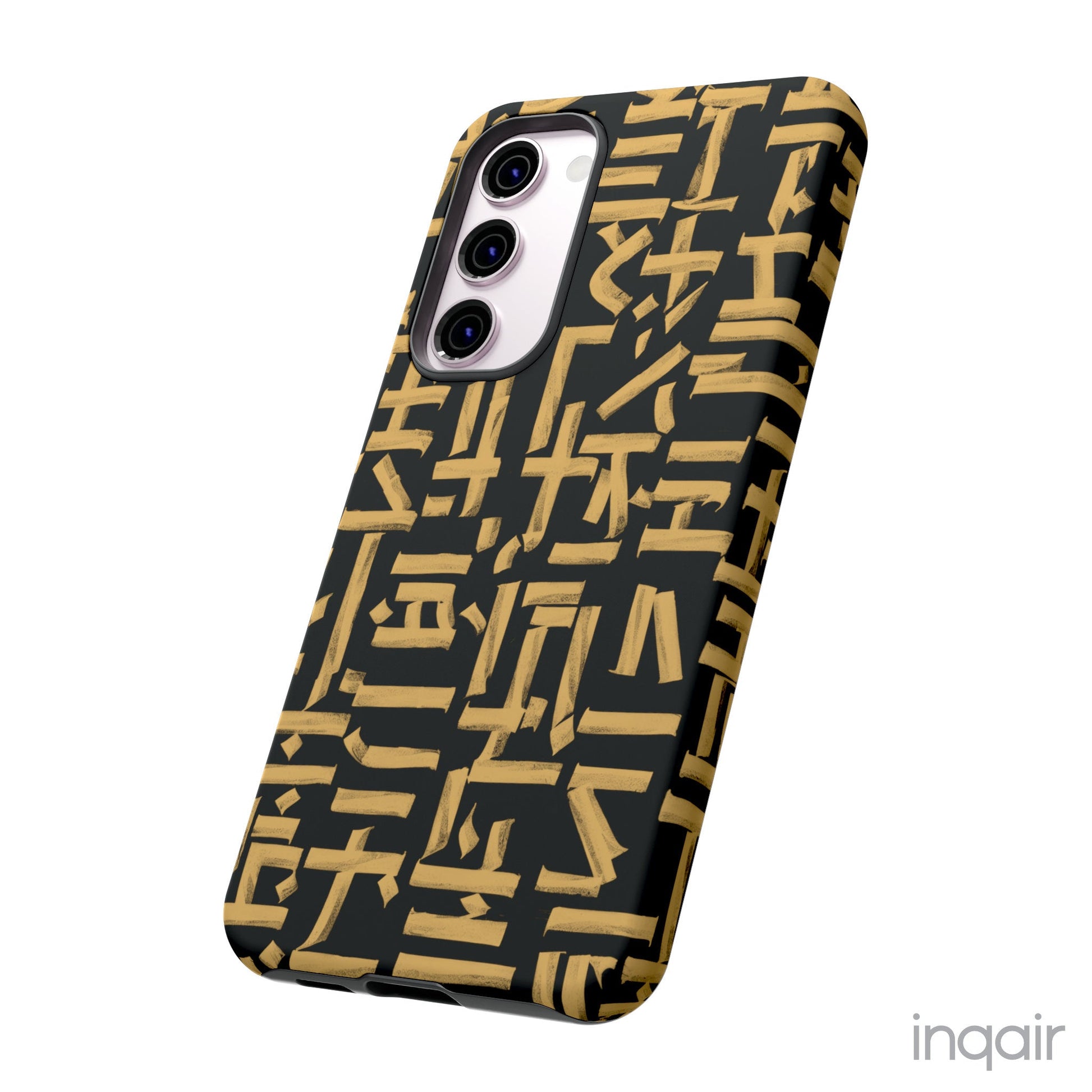 Black phone case with gold calligraphy design. Fits iPhone and Samsung models. Stylish and unique, offering both protection and a touch of luxury.