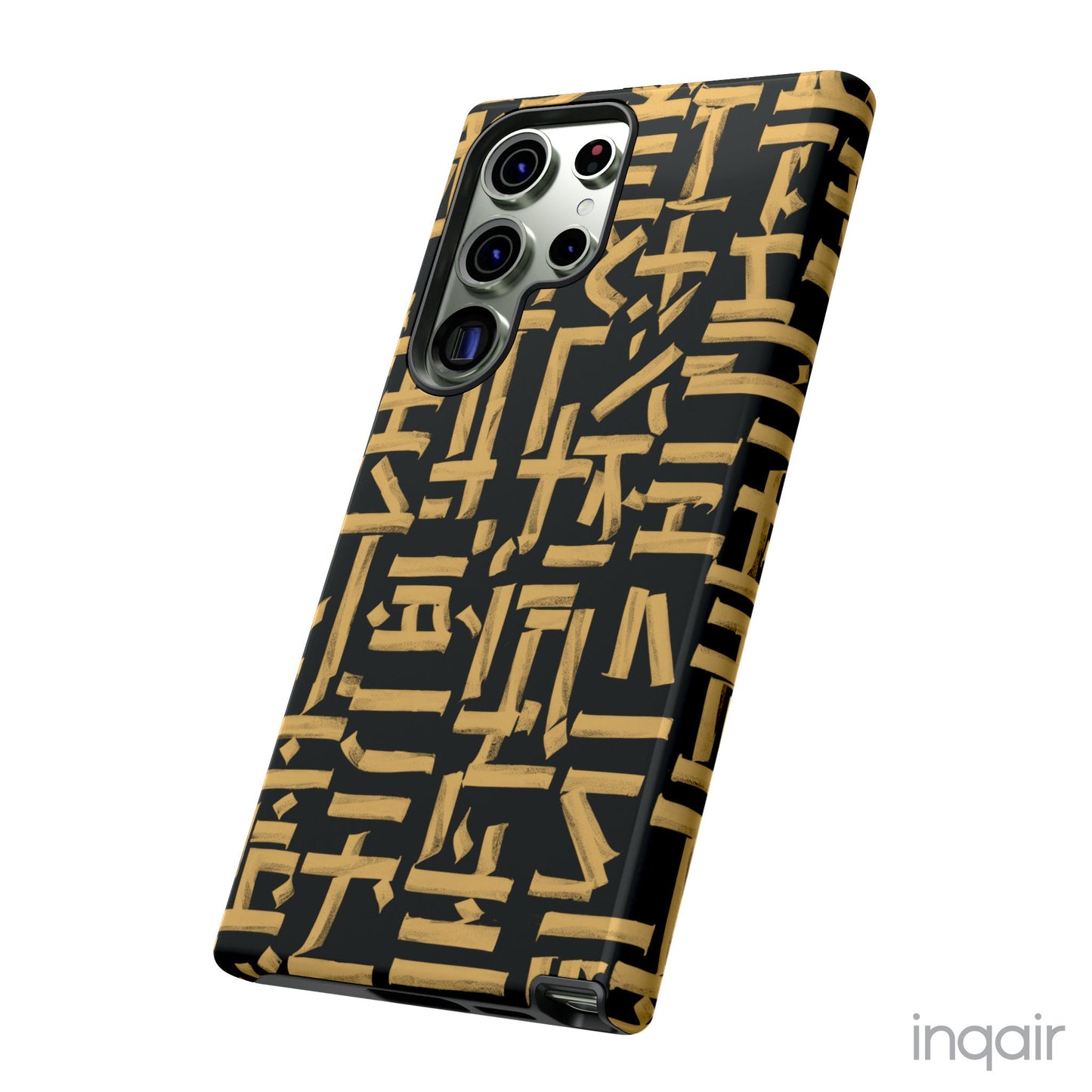 Black phone case with gold calligraphy design. Fits iPhone and Samsung models. Stylish and unique, offering both protection and a touch of luxury.