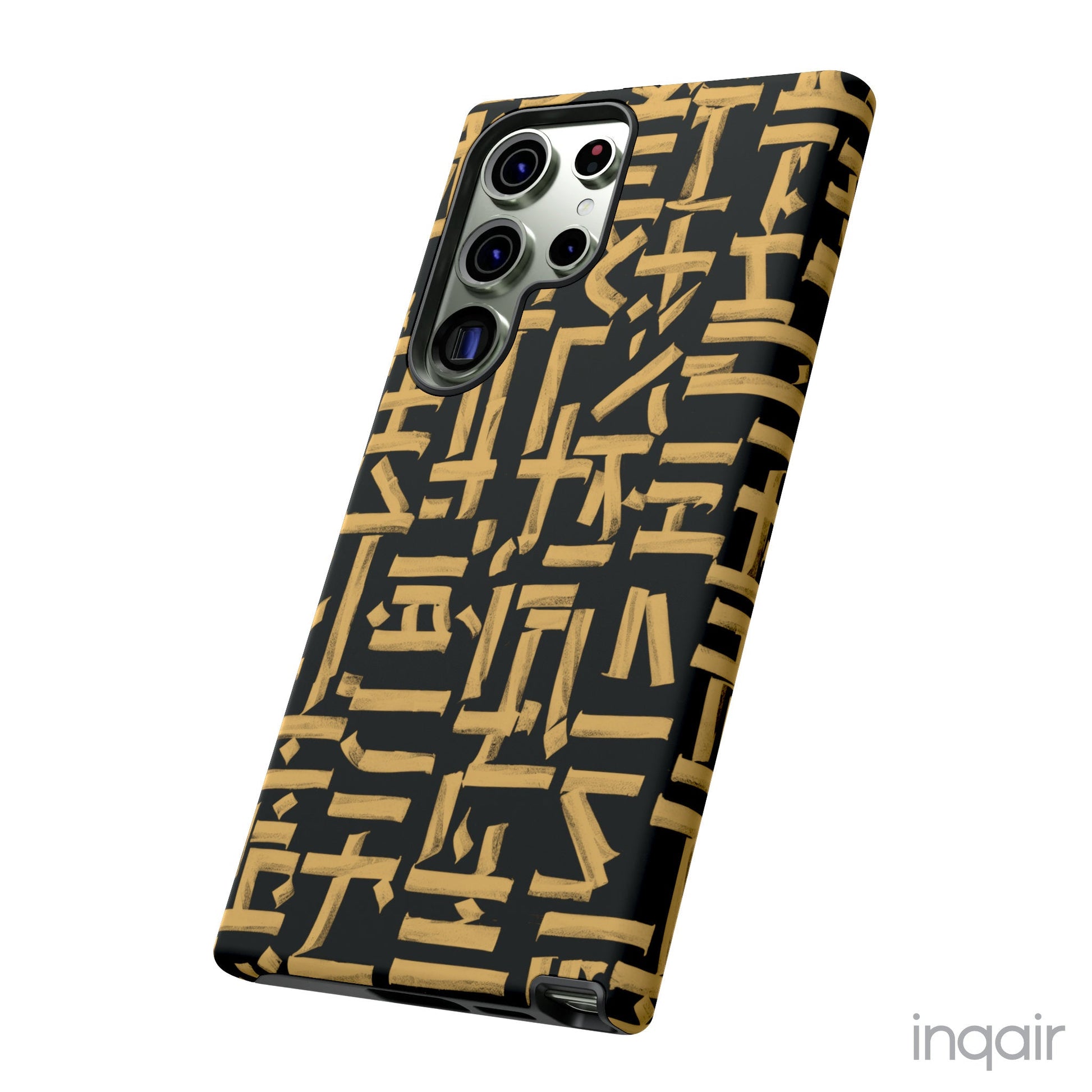 Black phone case with gold calligraphy design. Fits iPhone and Samsung models. Stylish and unique, offering both protection and a touch of luxury.