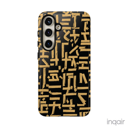 Black phone case with gold calligraphy design. Fits iPhone and Samsung models. Stylish and unique, offering both protection and a touch of luxury.