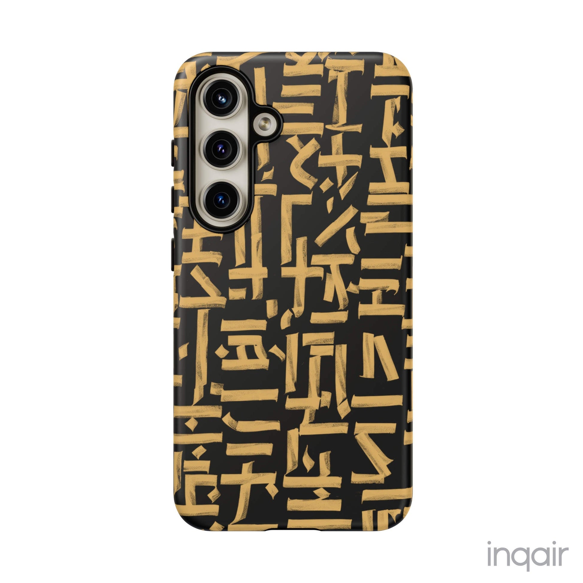 Black phone case with gold calligraphy design. Fits iPhone and Samsung models. Stylish and unique, offering both protection and a touch of luxury.