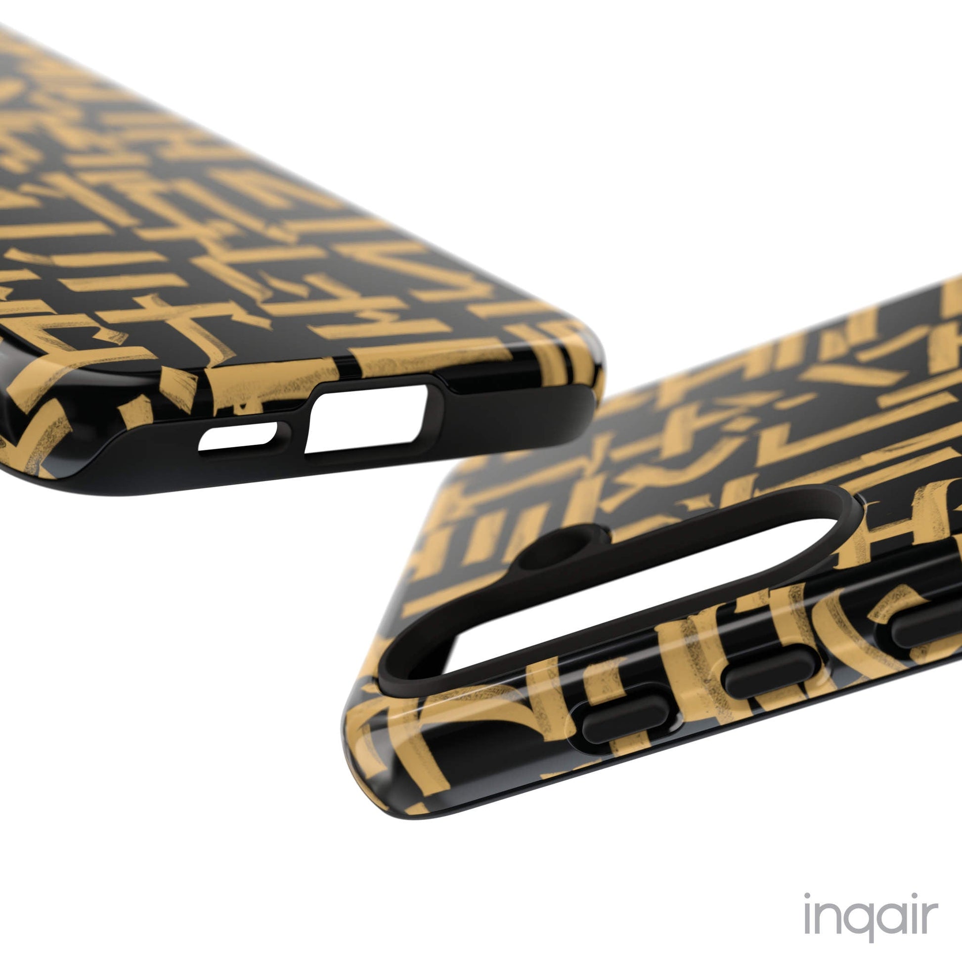 Black phone case with gold calligraphy design. Fits iPhone and Samsung models. Stylish and unique, offering both protection and a touch of luxury.