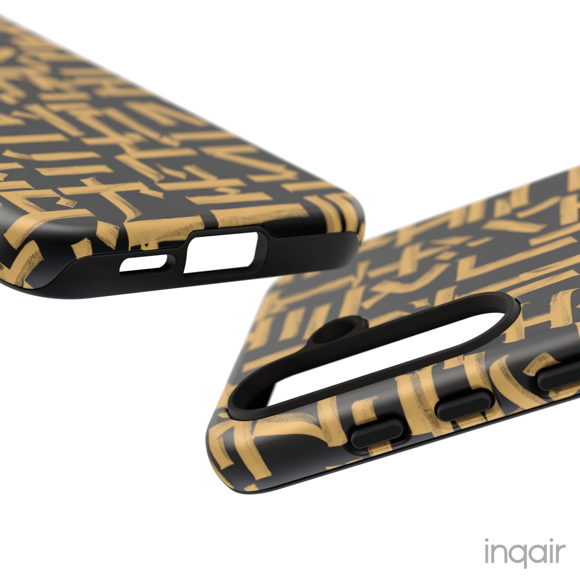 Black phone case with gold calligraphy design. Fits iPhone and Samsung models. Stylish and unique, offering both protection and a touch of luxury.