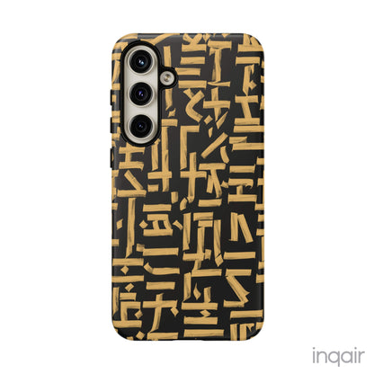 Black phone case with gold calligraphy design. Fits iPhone and Samsung models. Stylish and unique, offering both protection and a touch of luxury.