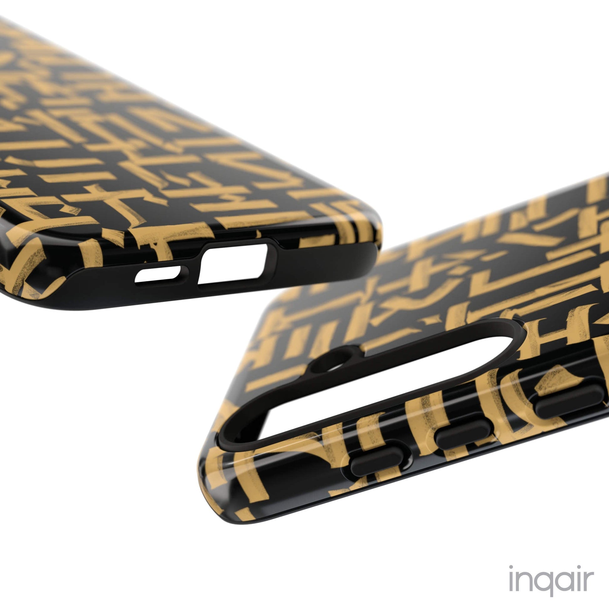 Black phone case with gold calligraphy design. Fits iPhone and Samsung models. Stylish and unique, offering both protection and a touch of luxury.