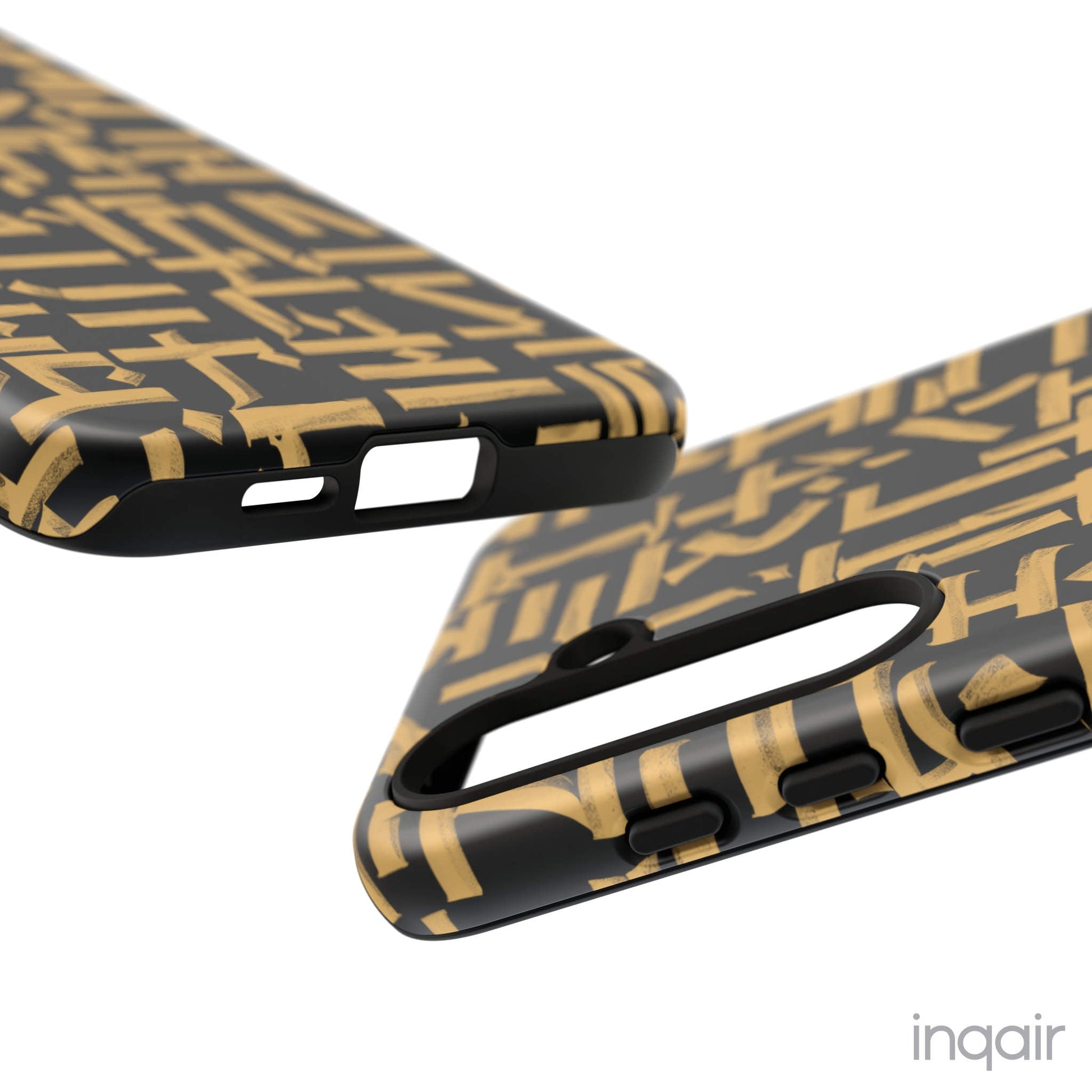 Black phone case with gold calligraphy design. Fits iPhone and Samsung models. Stylish and unique, offering both protection and a touch of luxury.