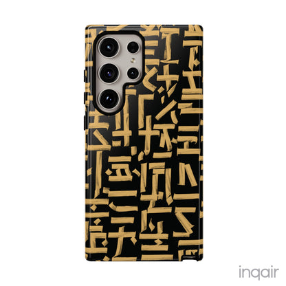 Black phone case with gold calligraphy design. Fits iPhone and Samsung models. Stylish and unique, offering both protection and a touch of luxury.