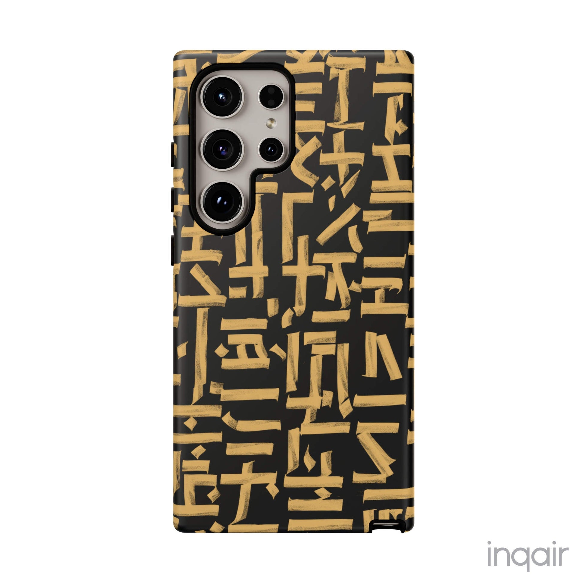 Black phone case with gold calligraphy design. Fits iPhone and Samsung models. Stylish and unique, offering both protection and a touch of luxury.