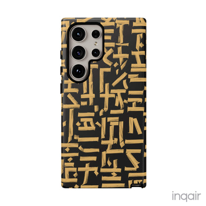 Black phone case with gold calligraphy design. Fits iPhone and Samsung models. Stylish and unique, offering both protection and a touch of luxury.