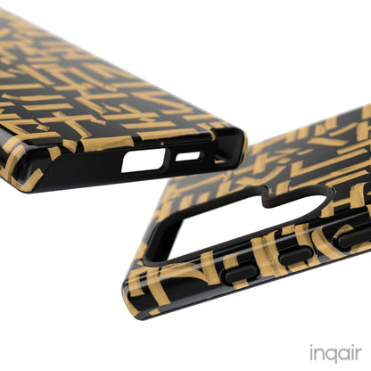 Black phone case with gold calligraphy design. Fits iPhone and Samsung models. Stylish and unique, offering both protection and a touch of luxury.