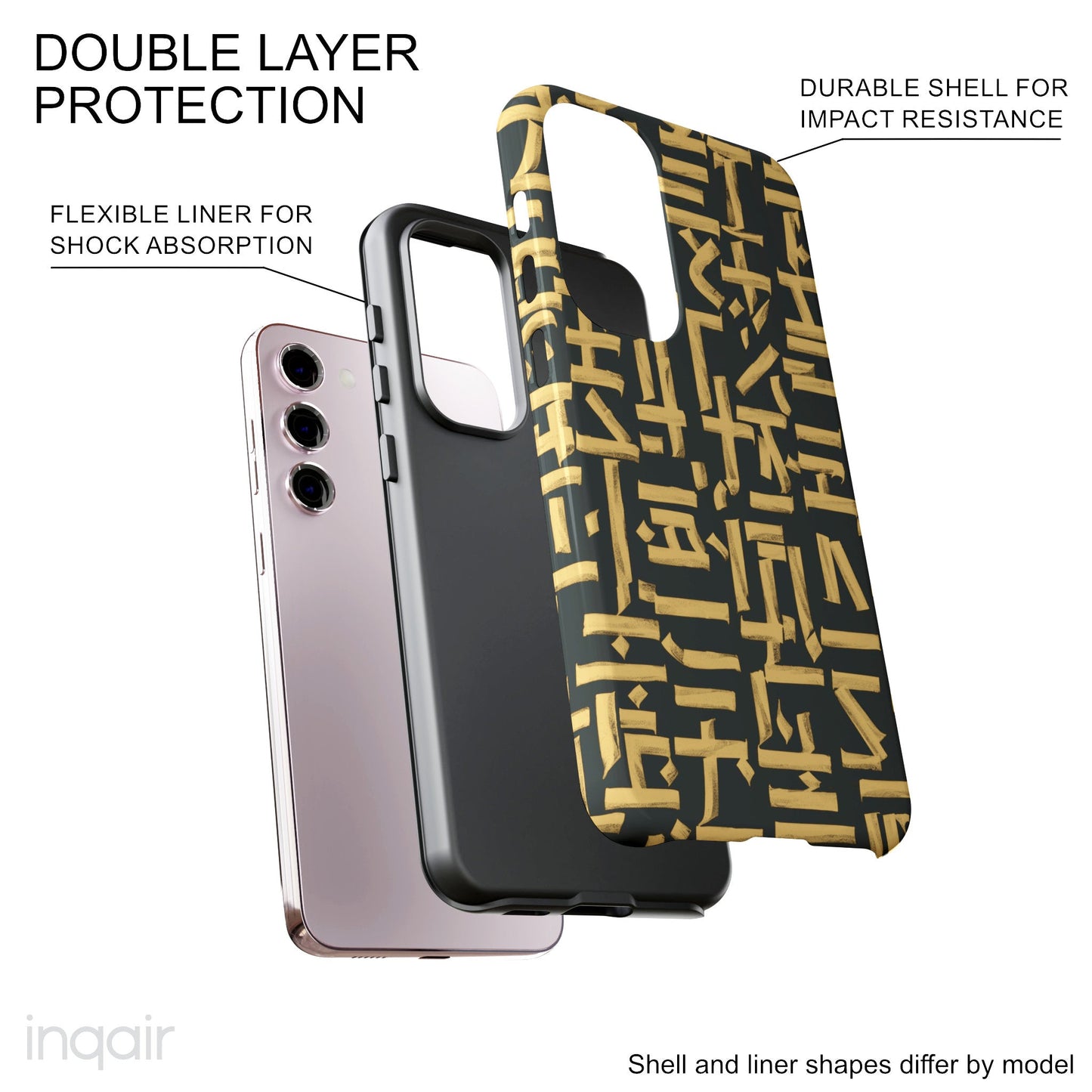 Black phone case with gold calligraphy design. Fits iPhone and Samsung models. Stylish and unique, offering both protection and a touch of luxury.