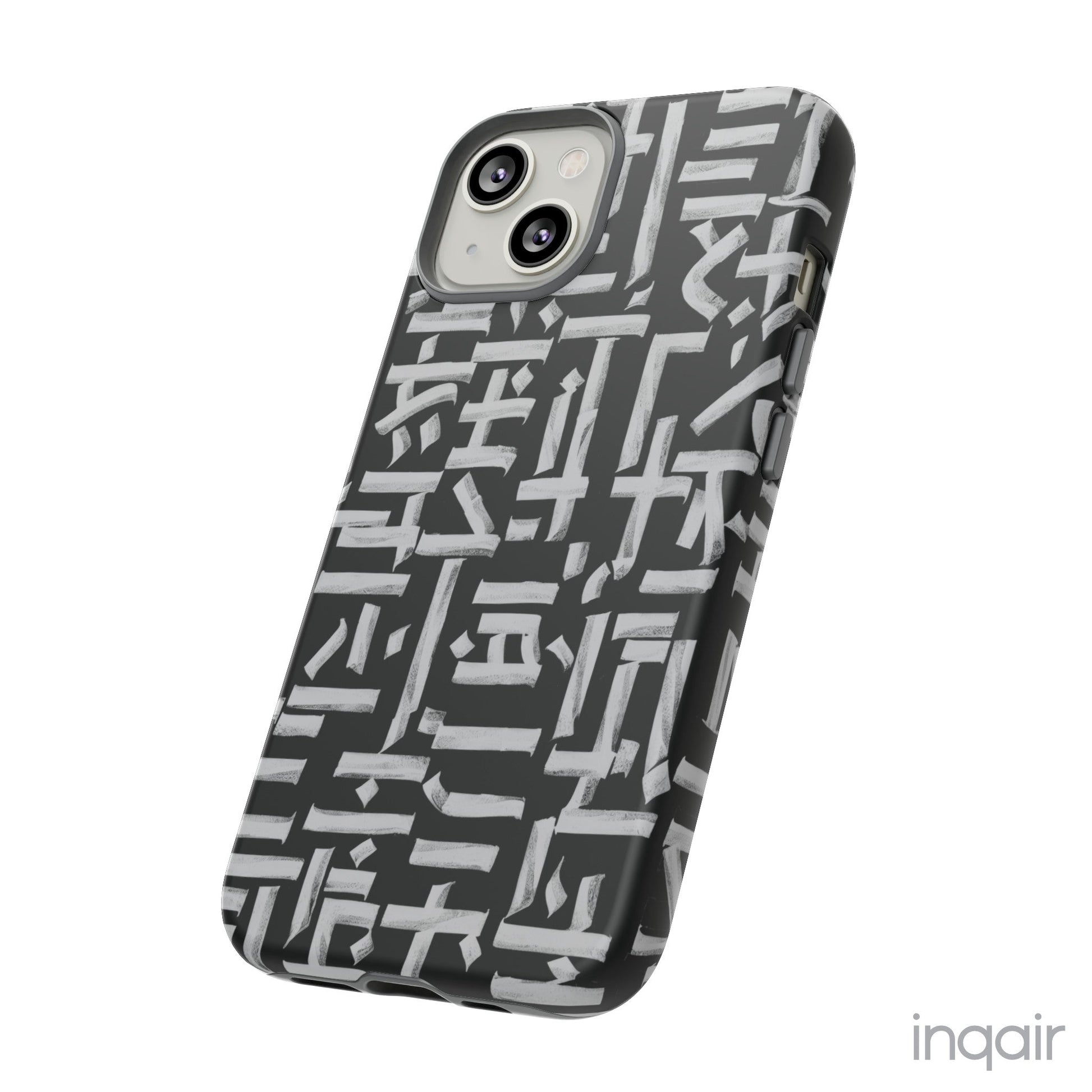 Black phone case with white calligraphy-inspired design, featuring intricate, modern artistic patterns. Suitable for iPhone and Samsung models, this stylish phone accessory protects your device while adding a touch of elegance and creativity.